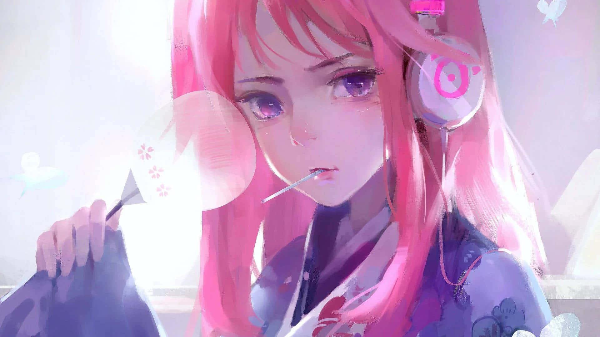 a girl with pink hair is holding a microphone — 1920x1080 wallpaper