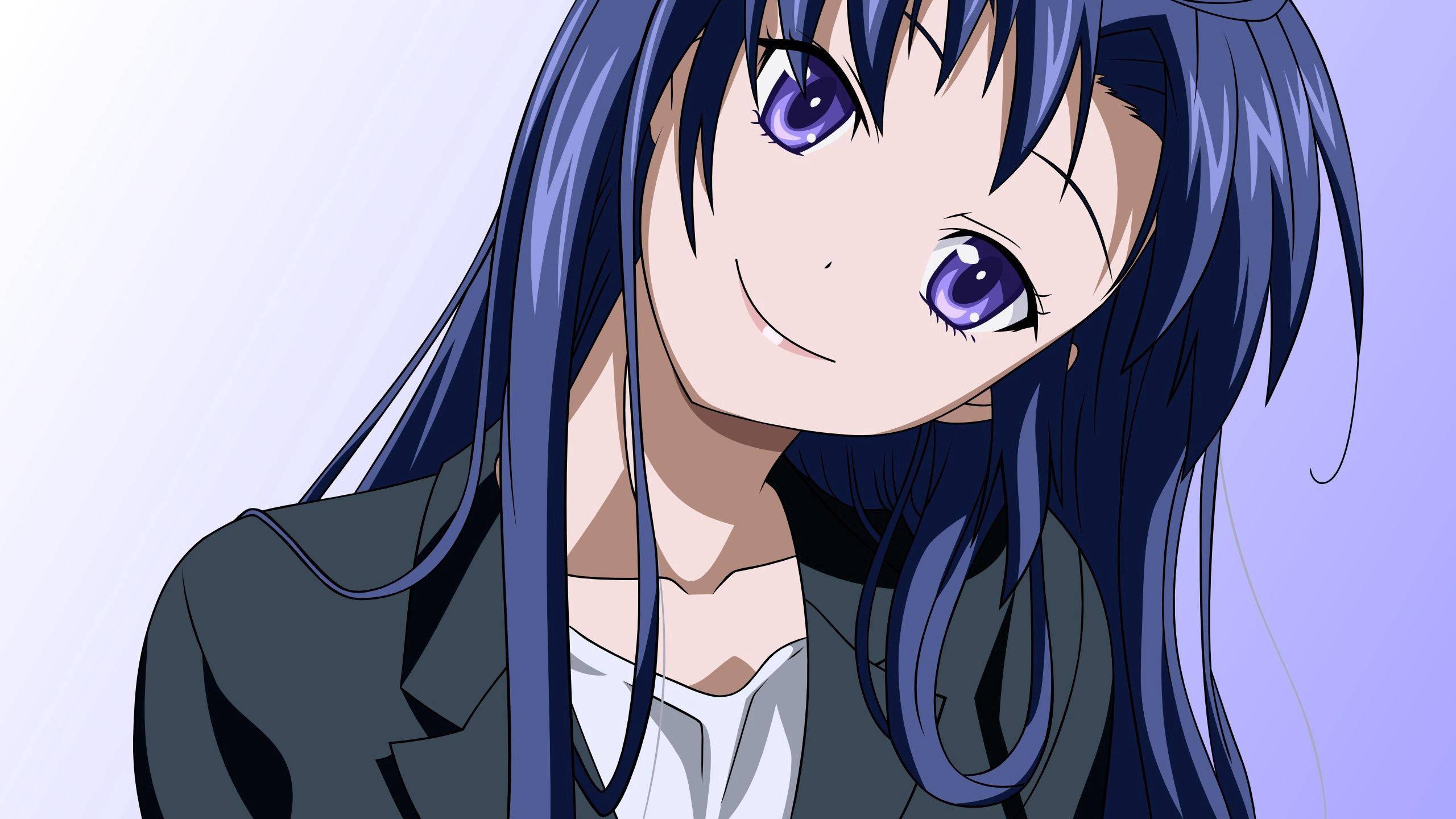 A girl with purple hair blissfully wears a dreamy smile — 2560x1440 wallpaper