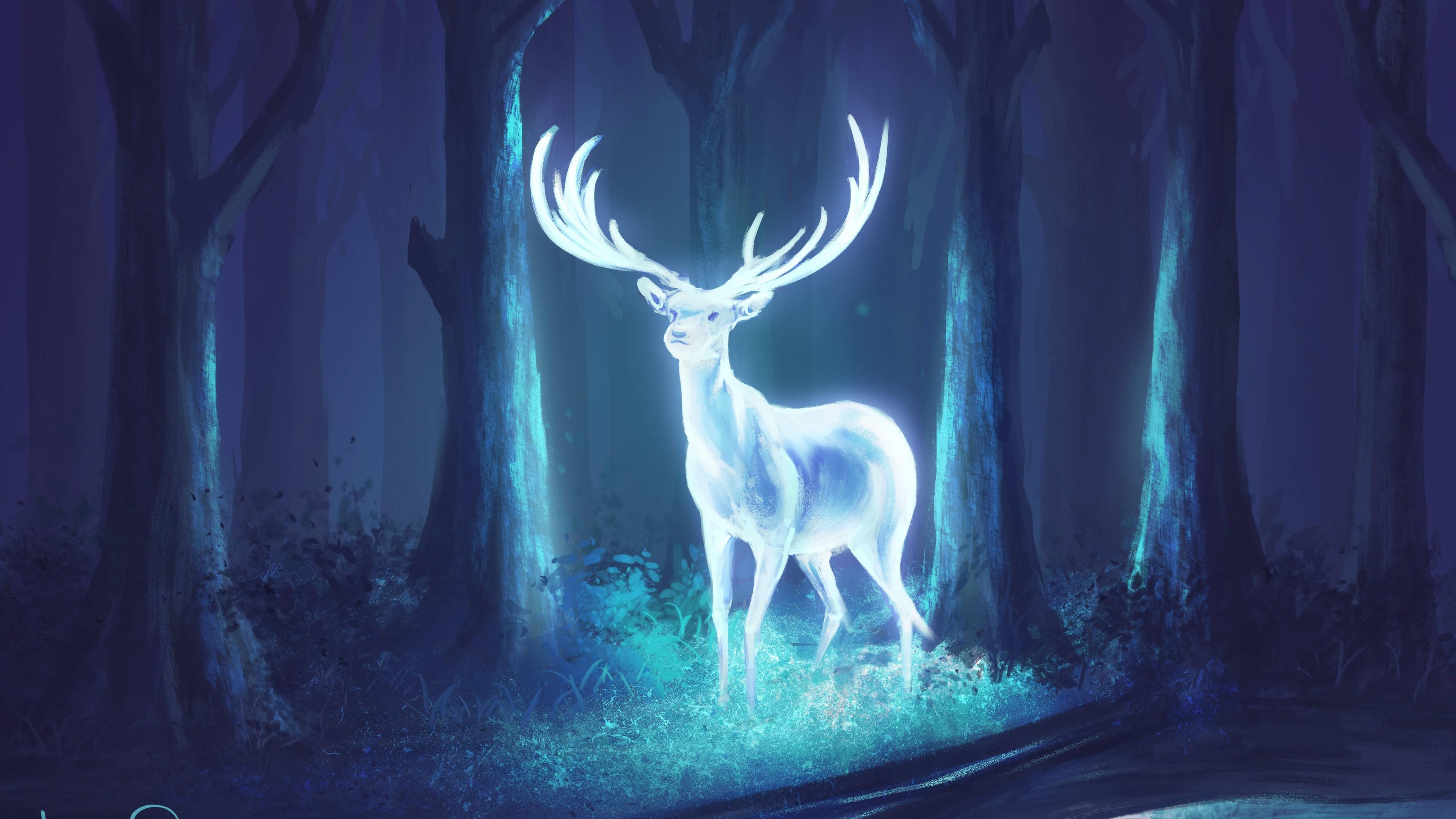 A glowing stag Patronus, a powerful defensive charm used in the Harry Potter series. — 3840x2160 wallpaper