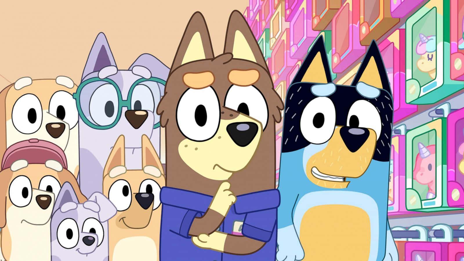 a group of cartoon dogs standing in front of a store — 1600x900 wallpaper