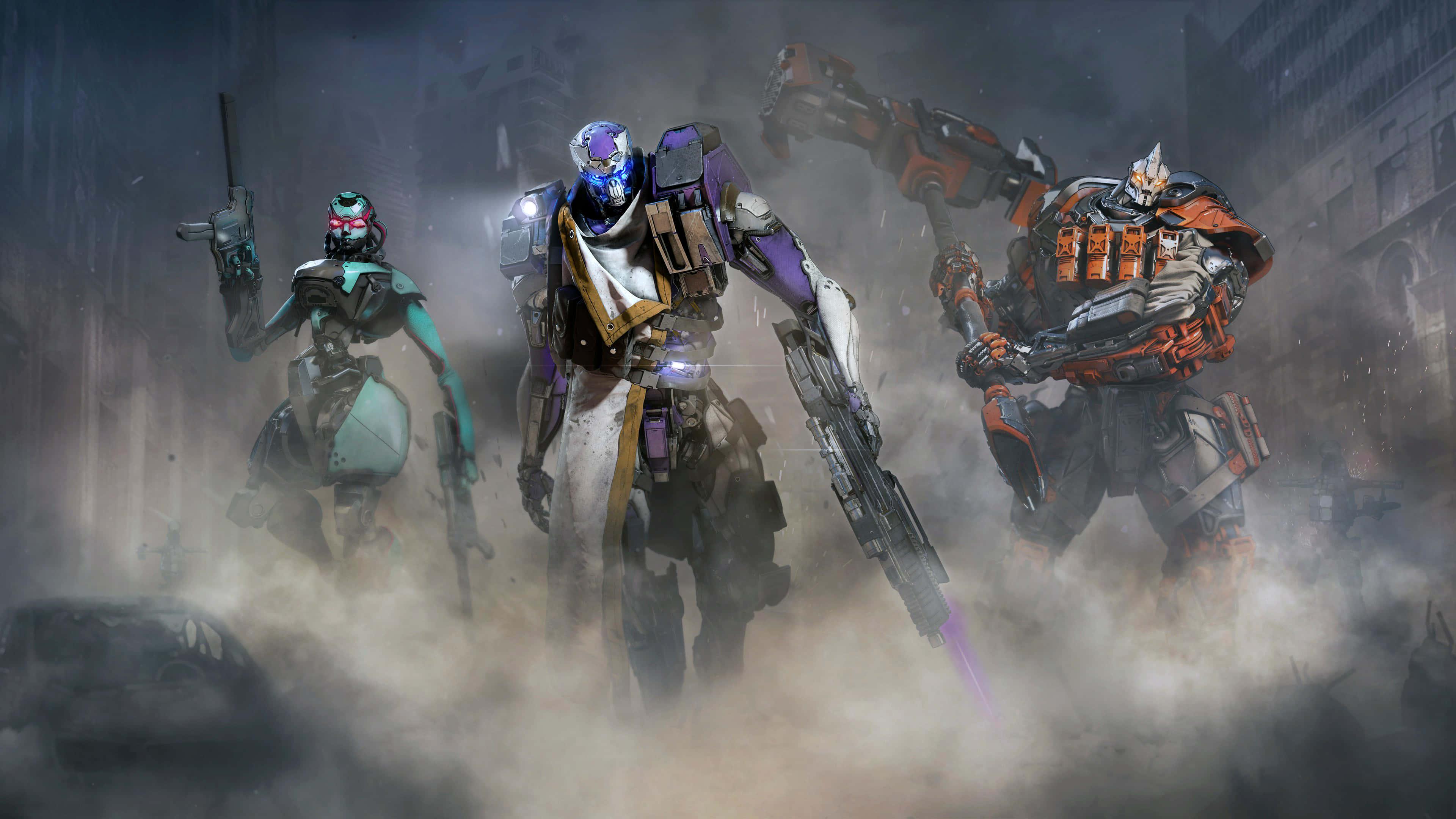 a group of characters in a city with smoke — 3840x2160 wallpaper