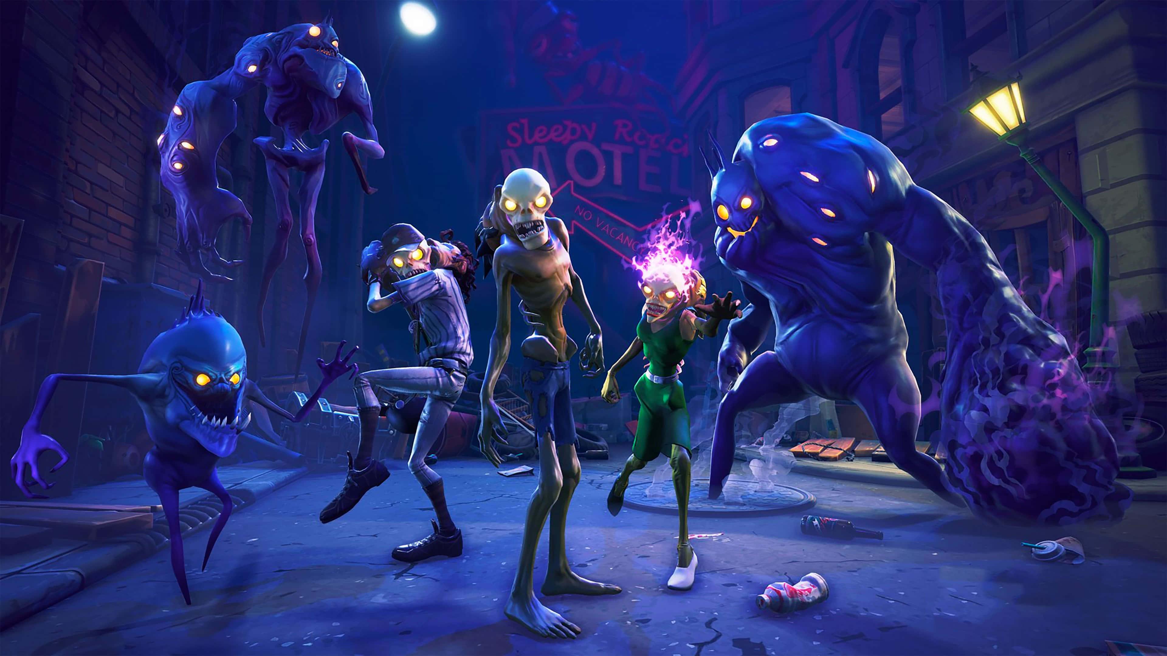 a group of characters in a dark city