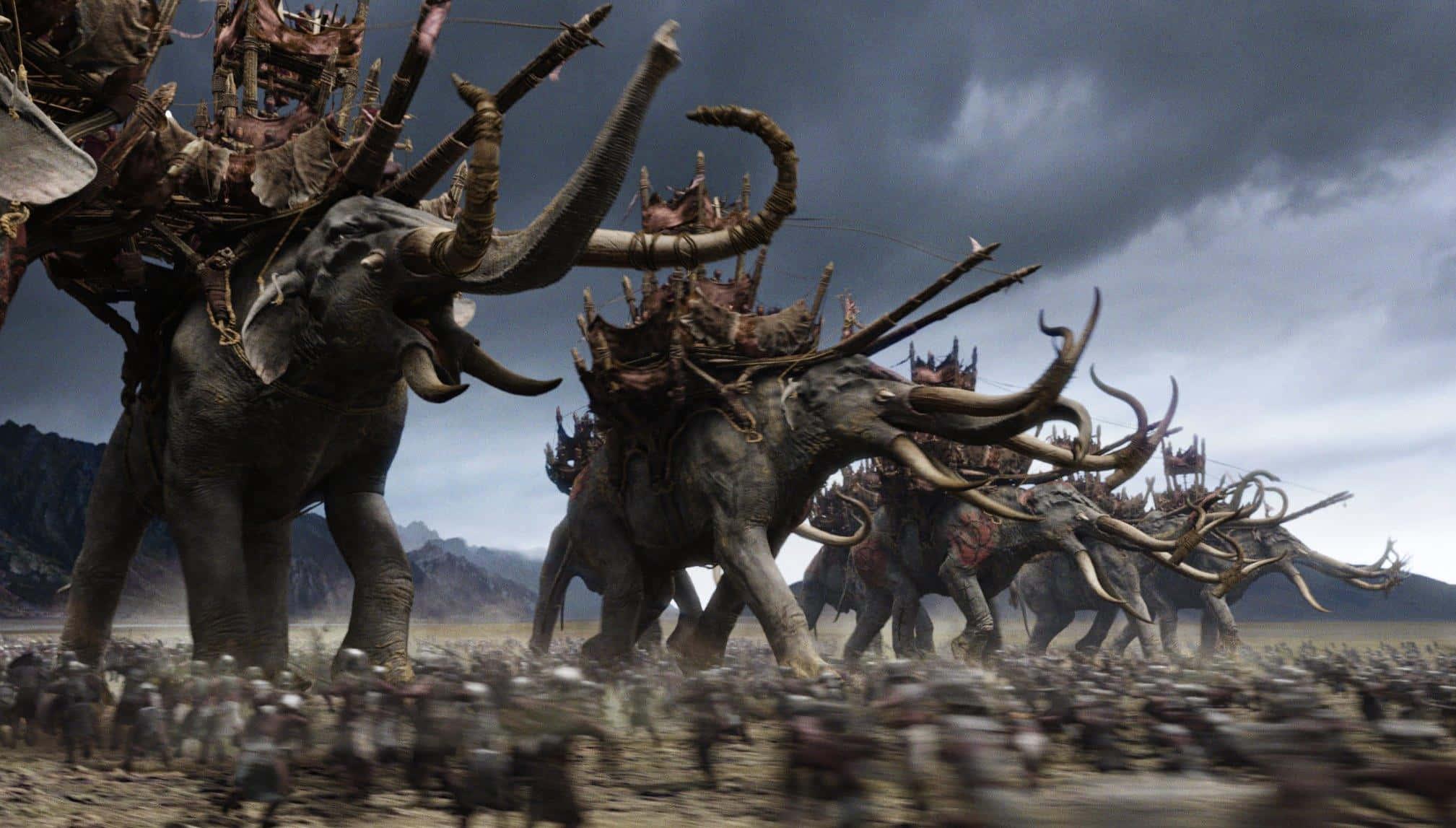 a group of elephants with horns walking through a desert — 2017x1147 wallpaper