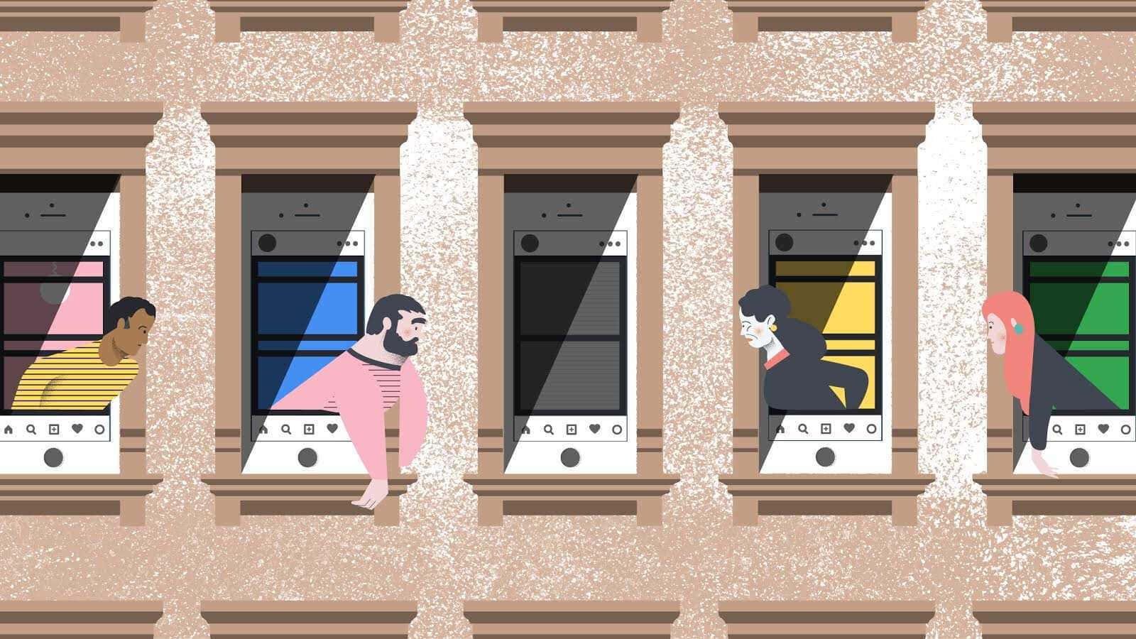 a group of people are sitting on the windows of a building — 1600x900 wallpaper