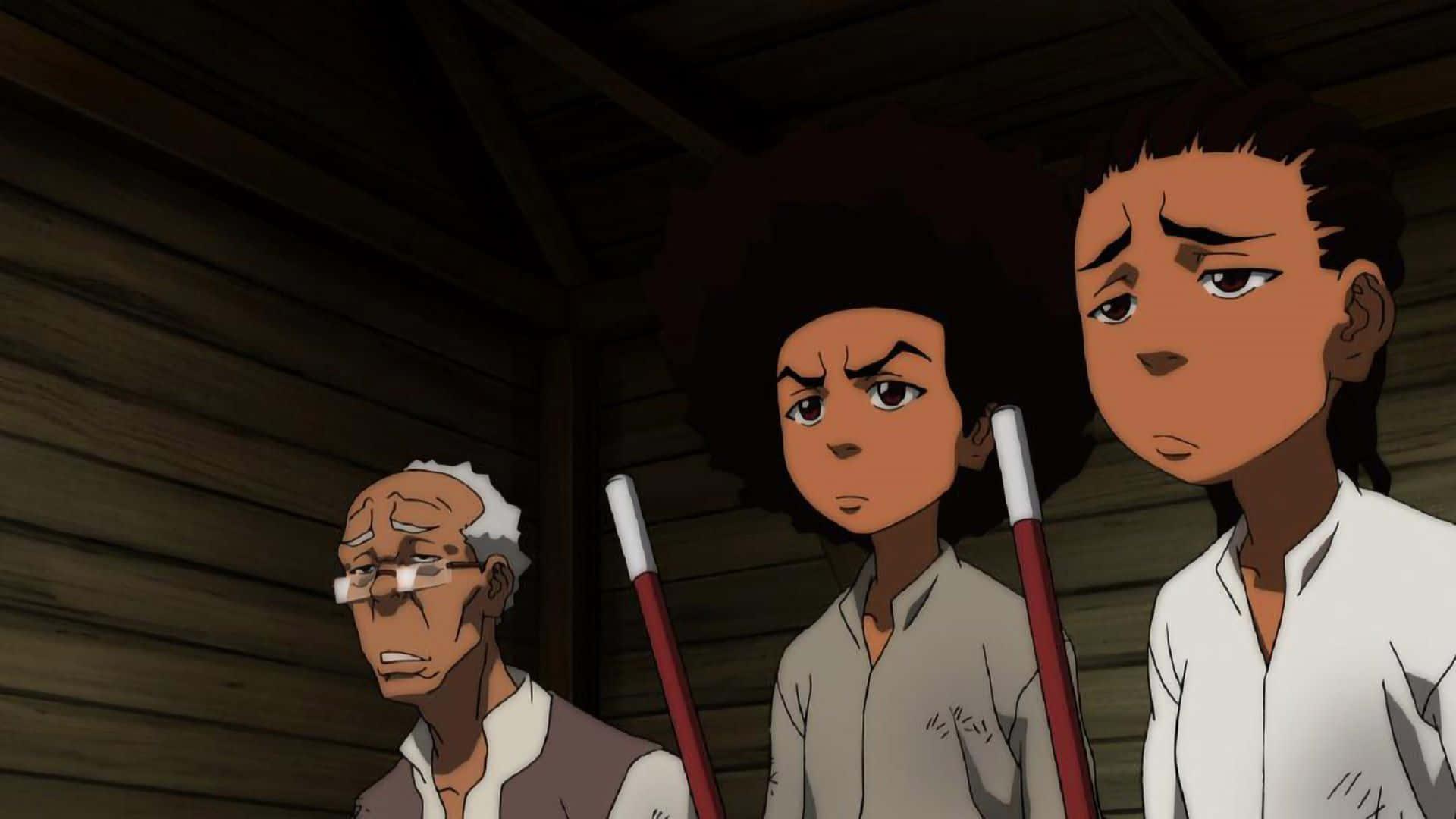 a group of people standing in a cabin with sticks — 1920x1080 wallpaper