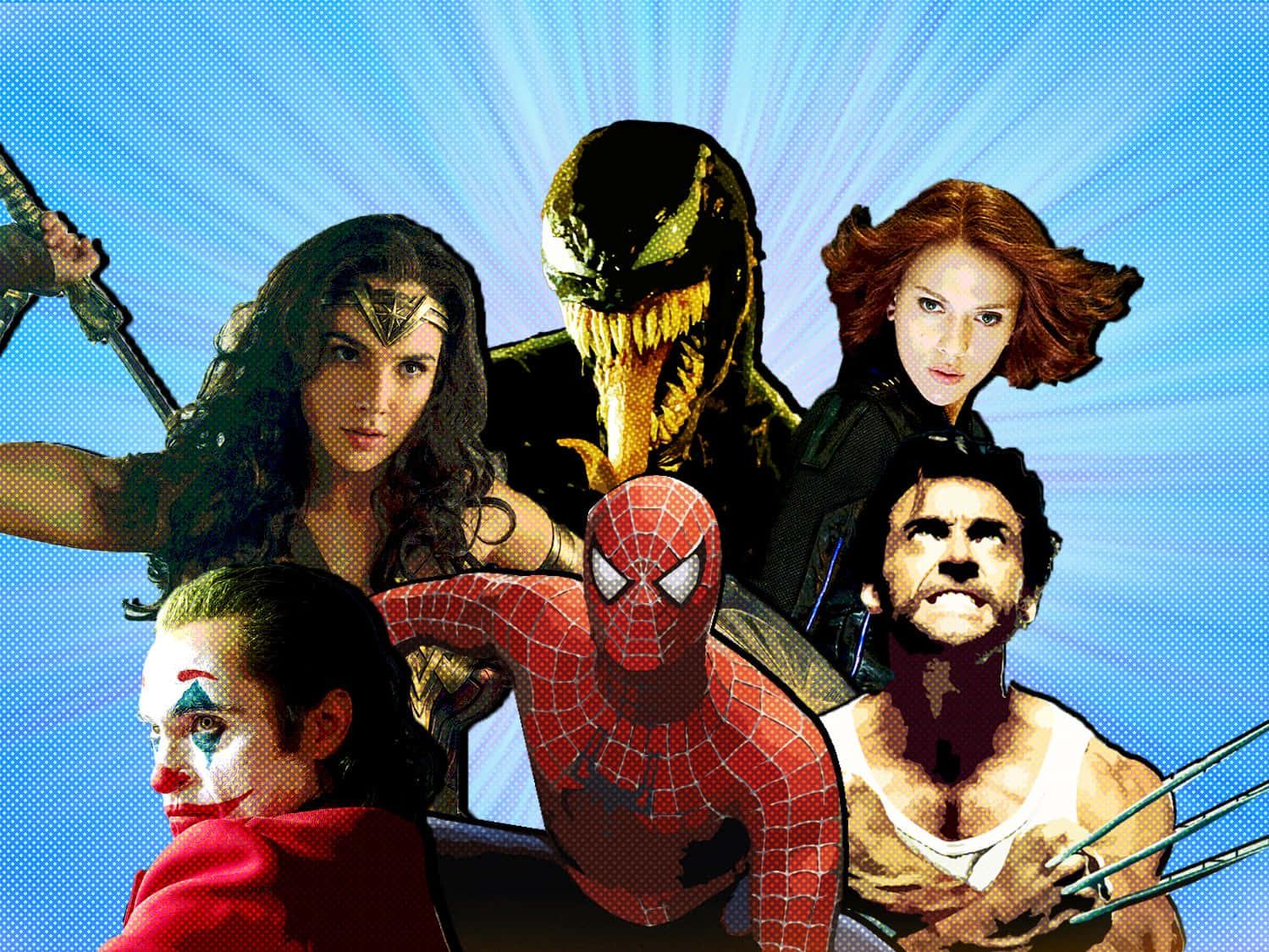 a group of superheroes and villains in a blue background — 1499x1124 wallpaper