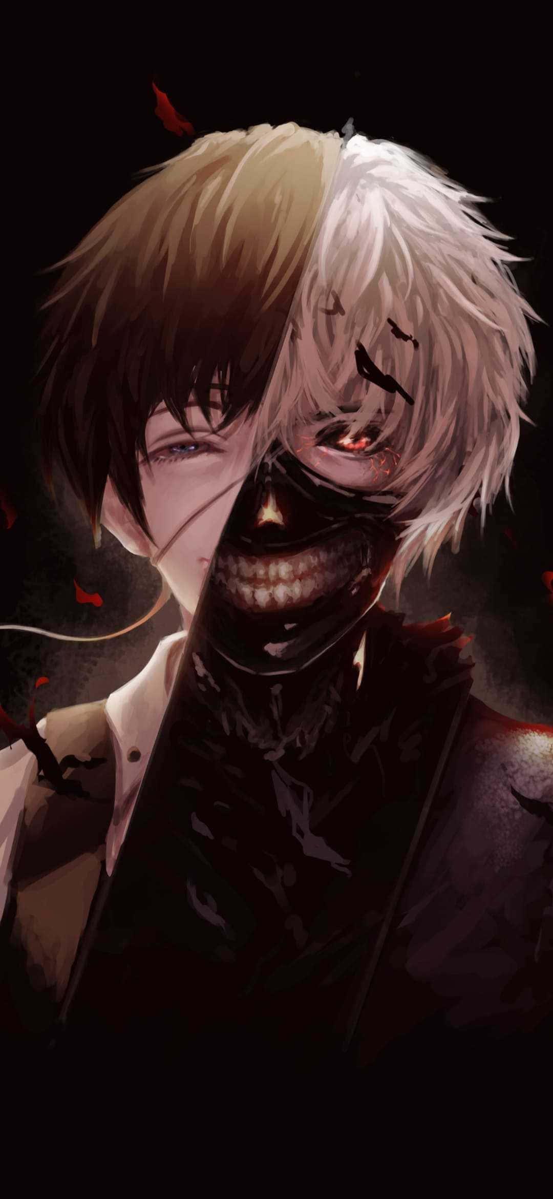 A lonely Ken Kaneki stands in the middle of the darkness — 1080x2340 wallpaper