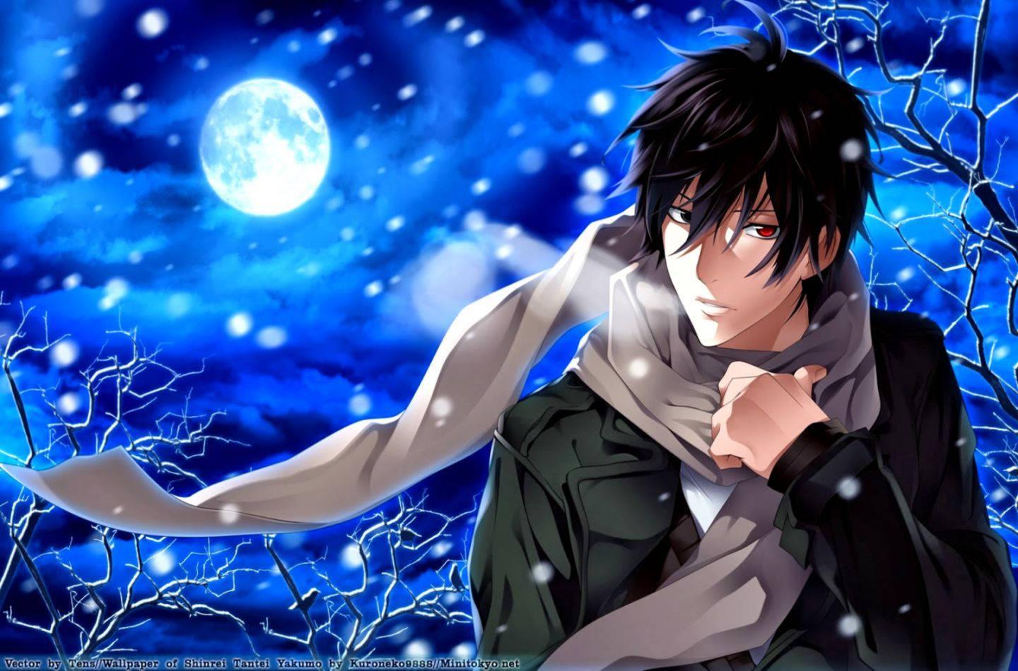 A lonely winter night in the snow, with a melancholy Anime Boy — 1440x950 wallpaper