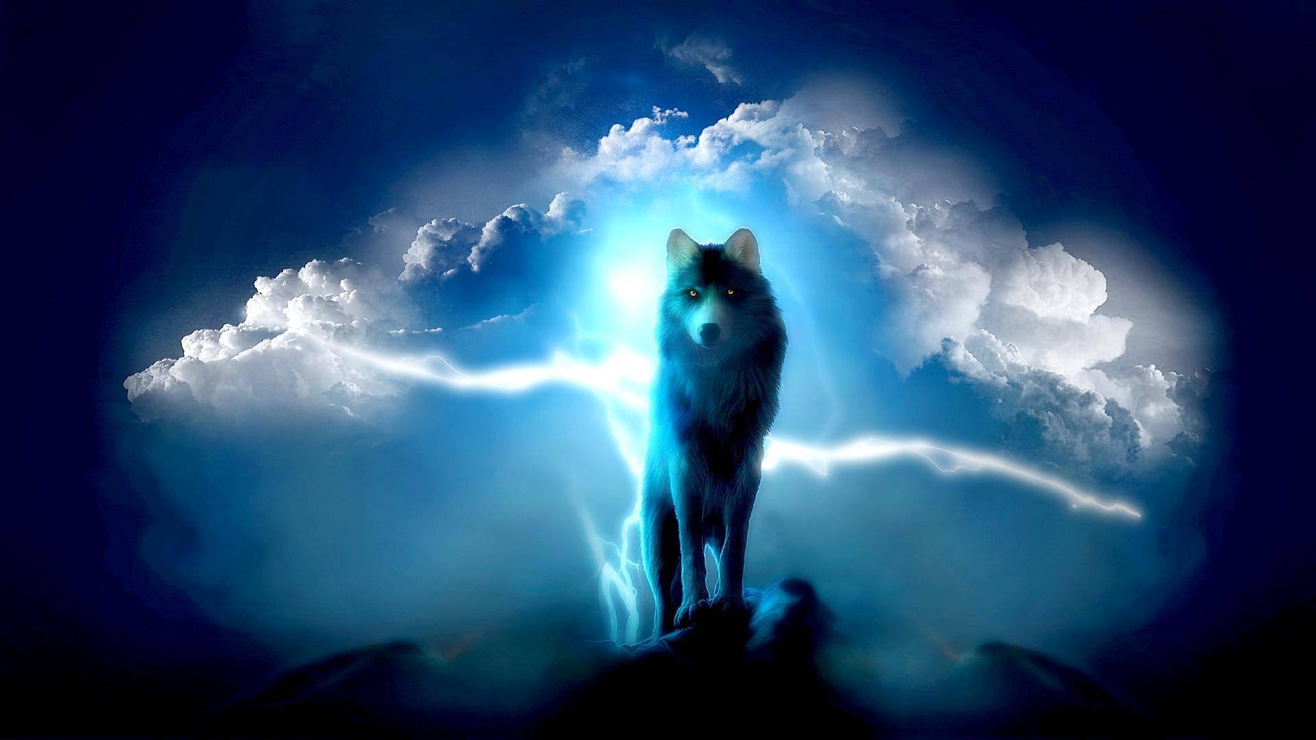 A majestic blue wolf stares across the desolate landscape — 1920x1080 wallpaper