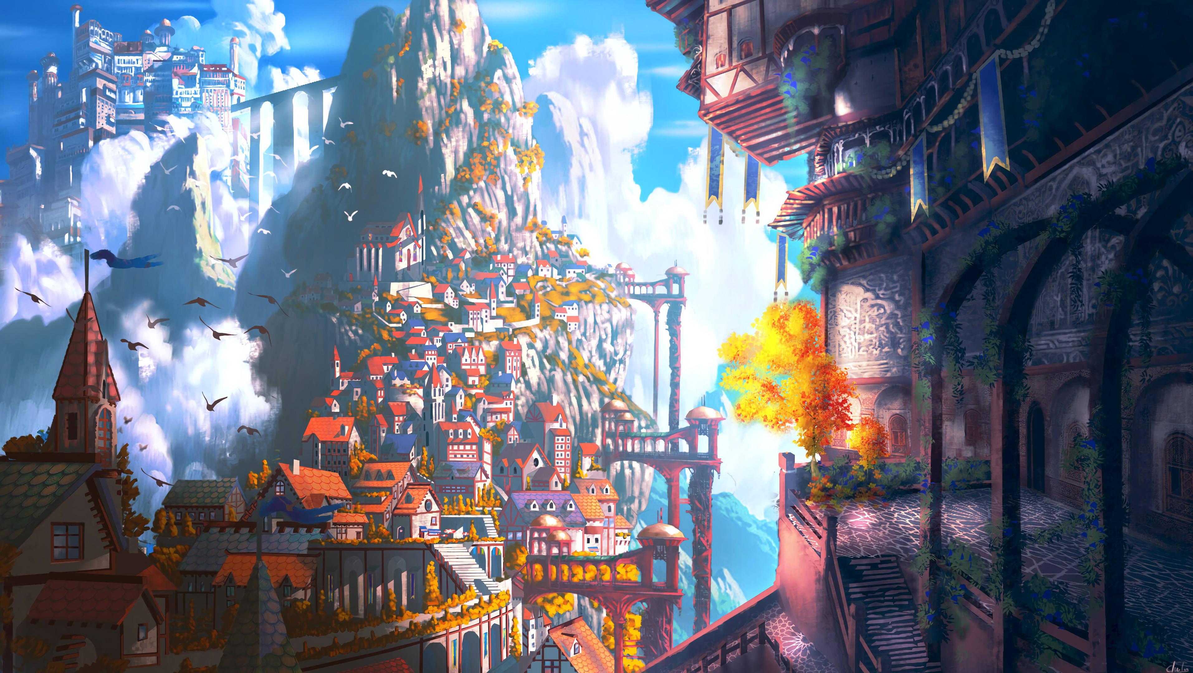 A majestic fantasy city surrounded by a castle and mountains.