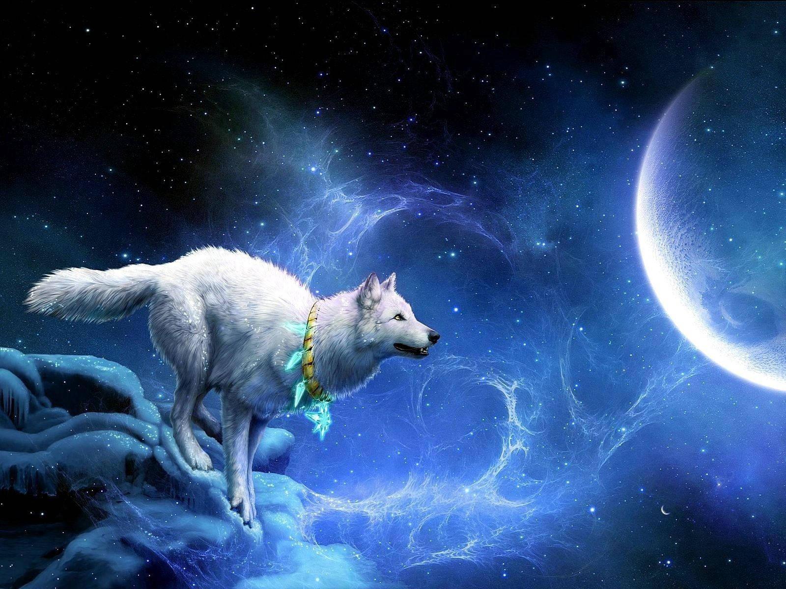 A majestic white wolf howling at a full moon. — 1600x1200 wallpaper