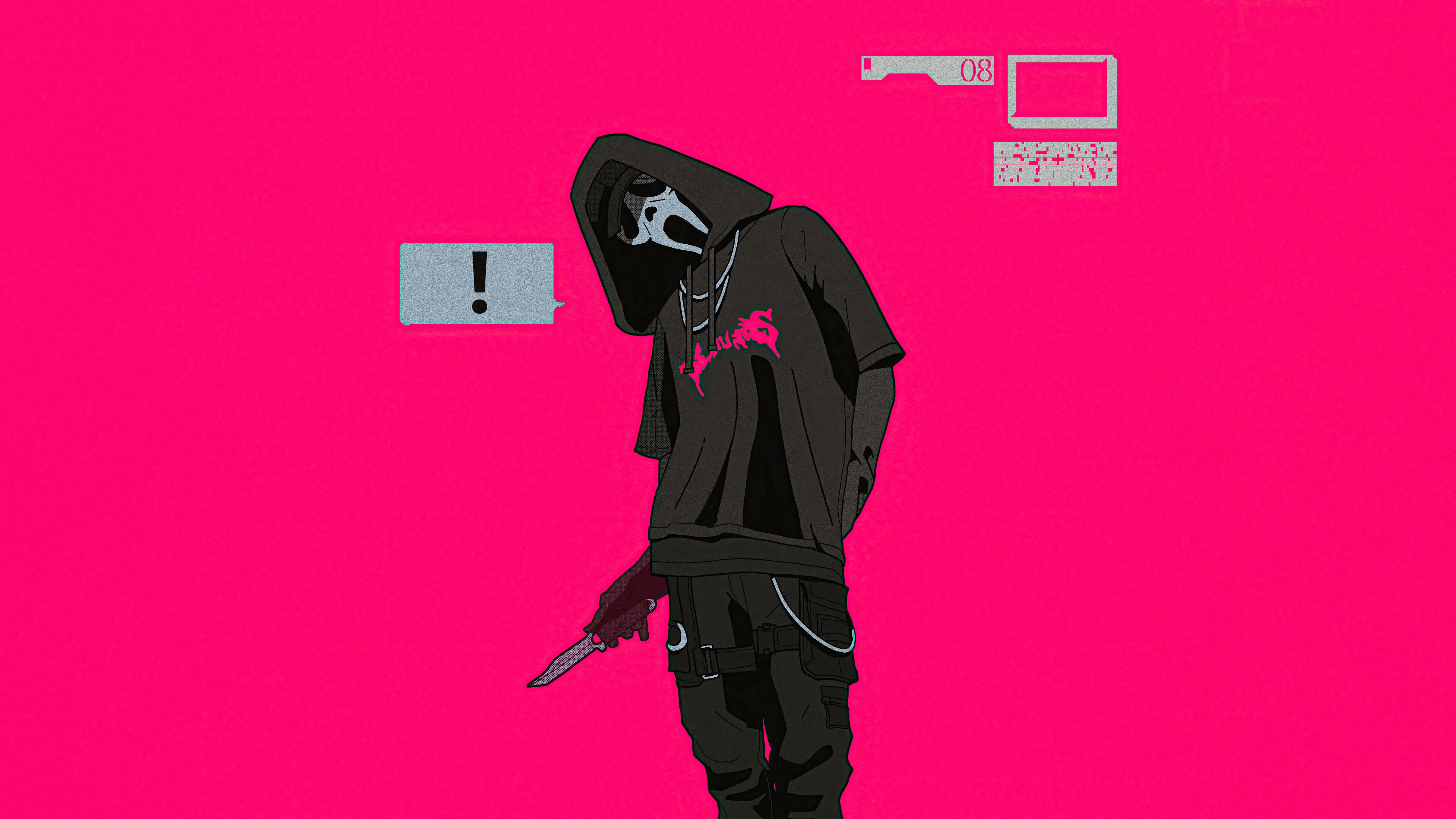 a man in a black hoodie standing in front of a pink wall — 5120x2880 wallpaper