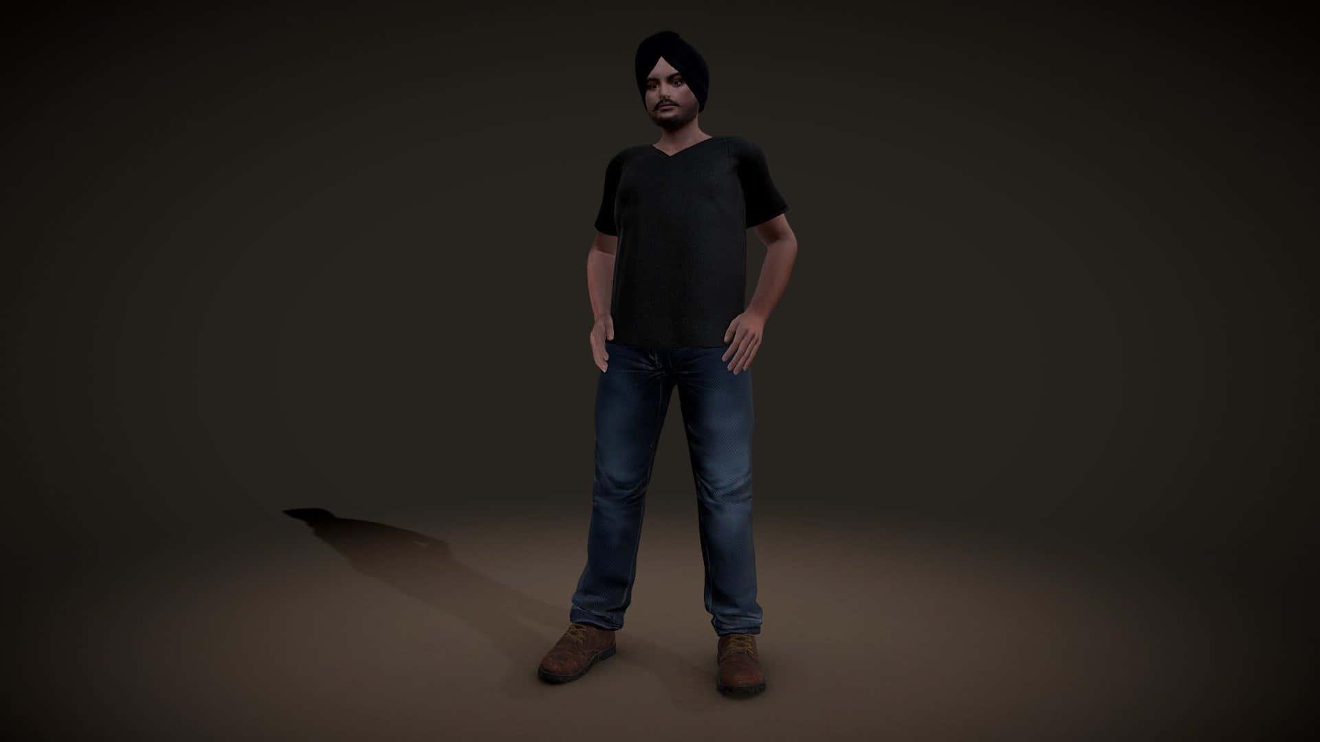 a man in a black shirt and jeans standing in front of a dark background