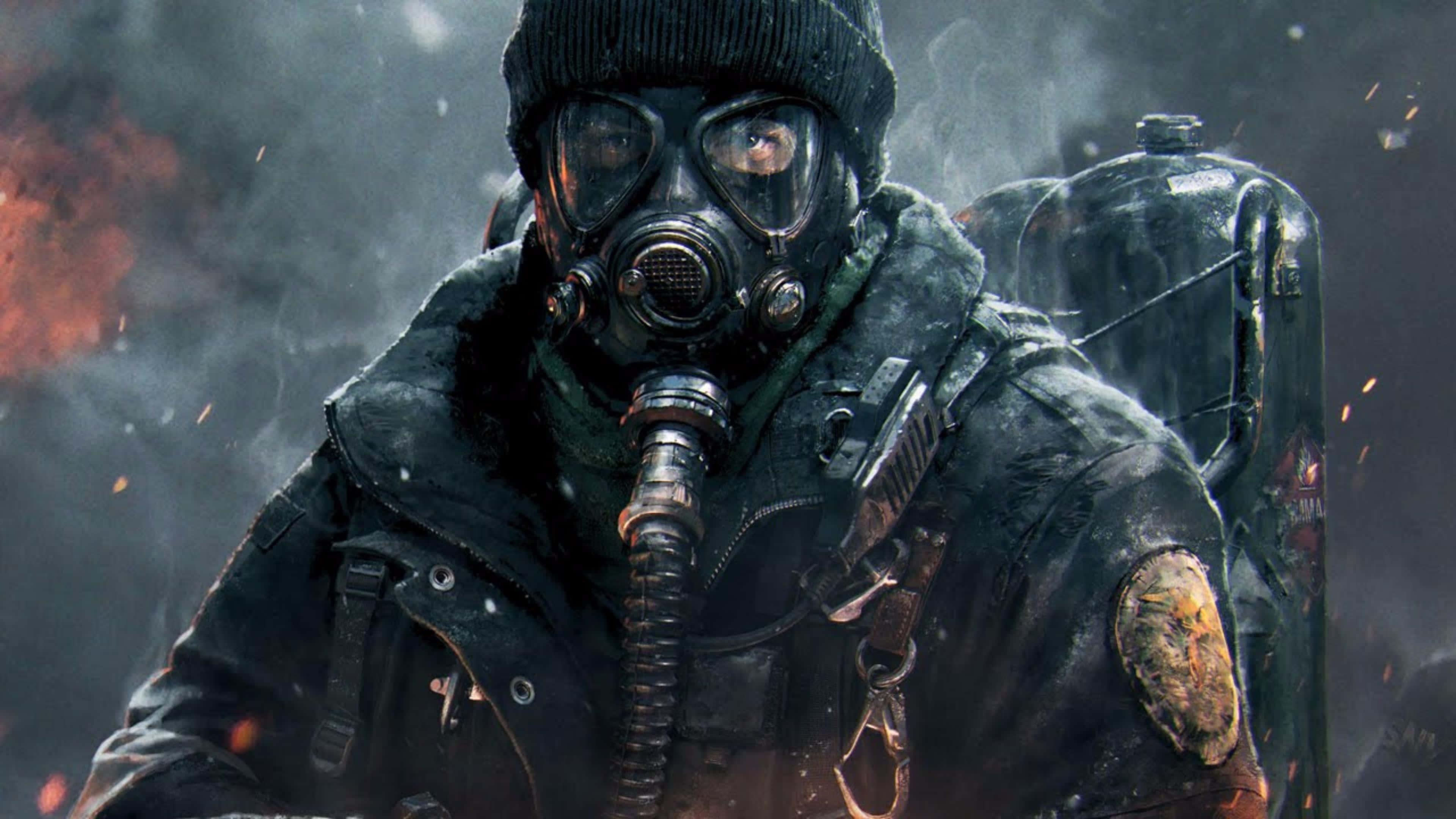 a man in a gas mask is holding a gun — 3840x2160 wallpaper