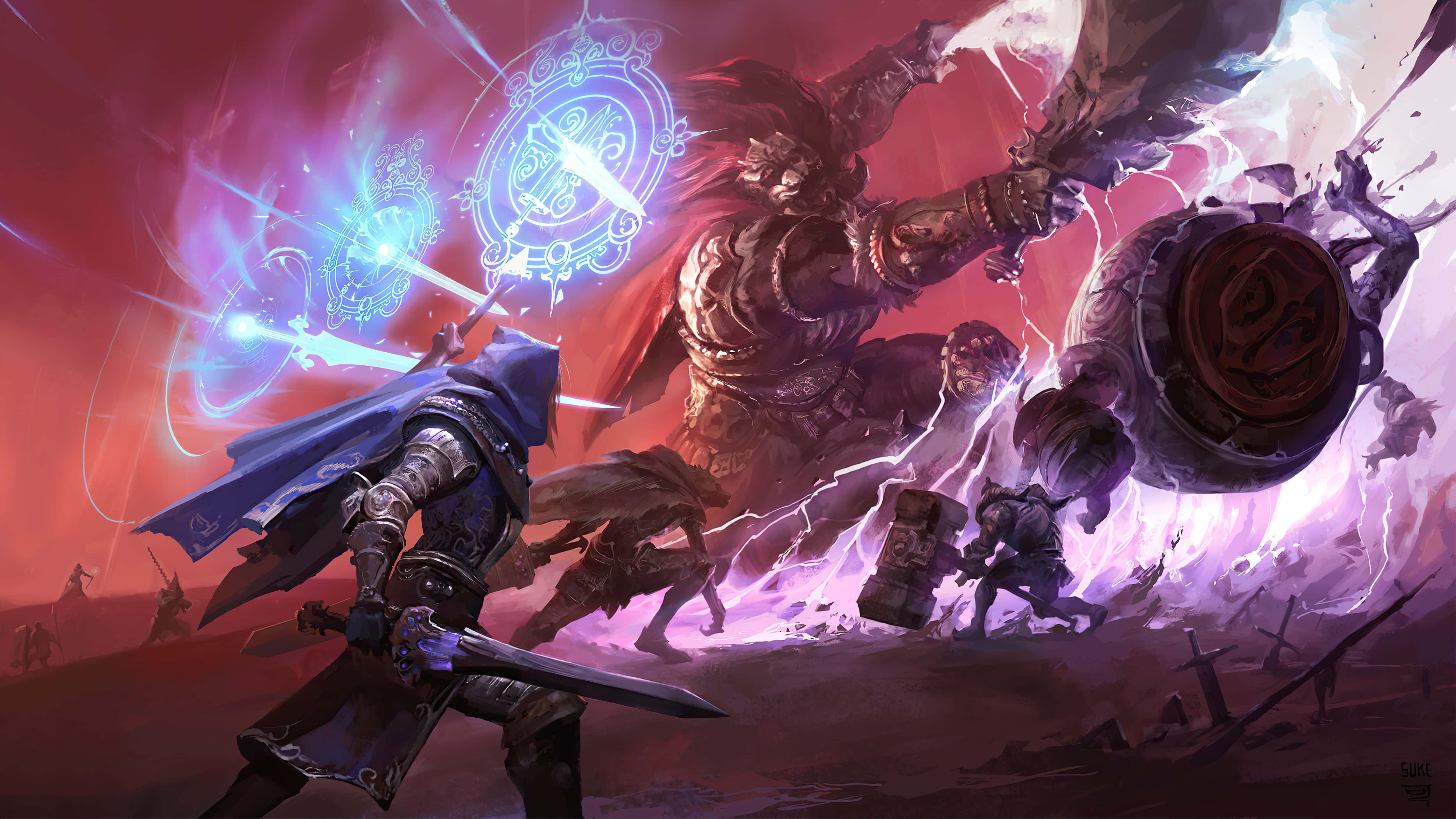 a man is holding a sword and a sword — 5000x2812 wallpaper