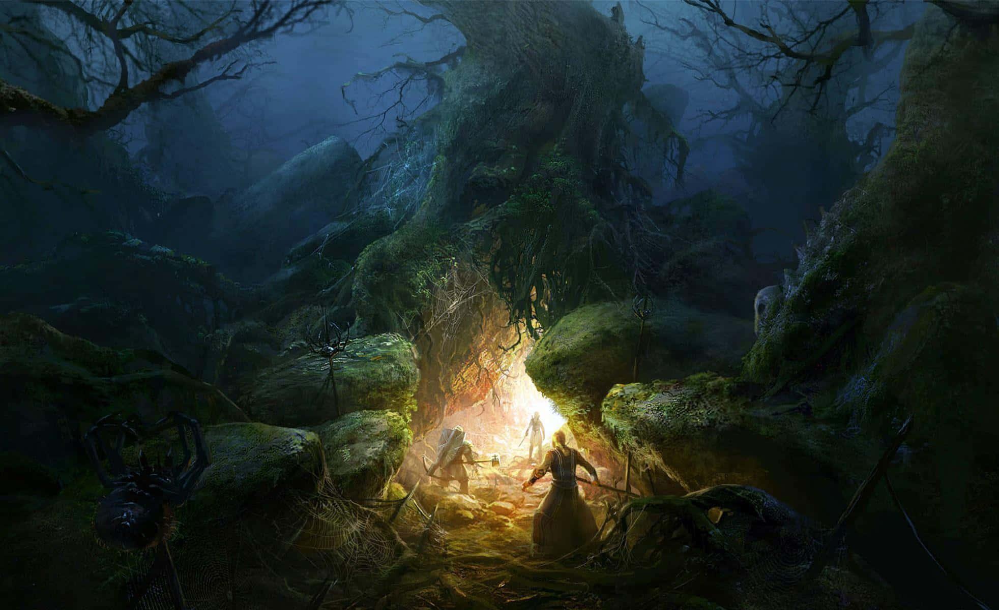 a man is standing in a dark forest — 1964x1200 wallpaper