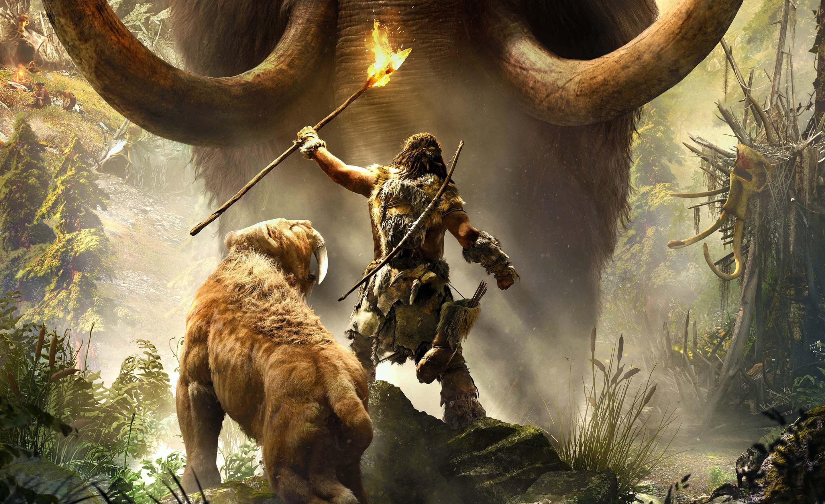 a man is standing in front of a large mammoth — 2880x1760 wallpaper