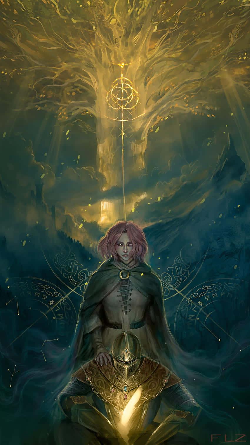 a man sitting on a tree with a light shining on him — 850x1511 wallpaper