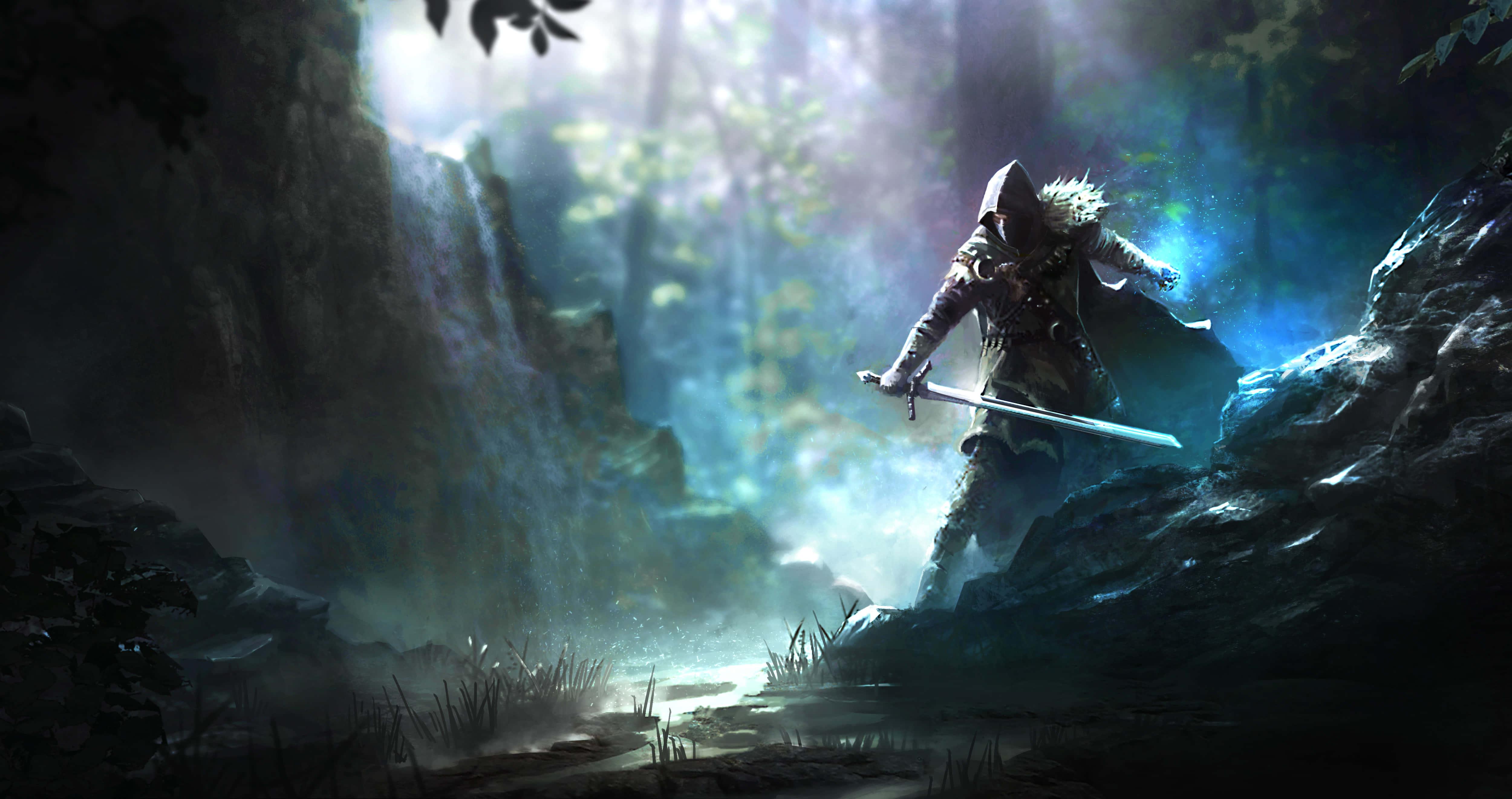 a man with a sword is standing in a forest — 5000x2641 wallpaper