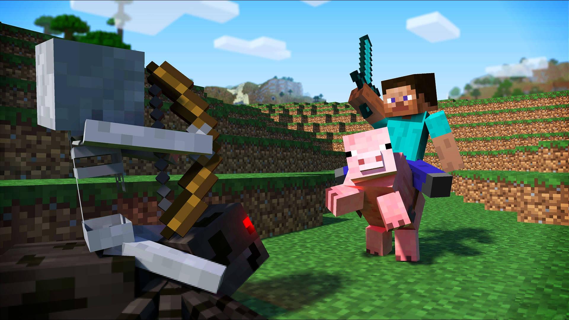 A Minecraft Steve and Skeleton on a desert night