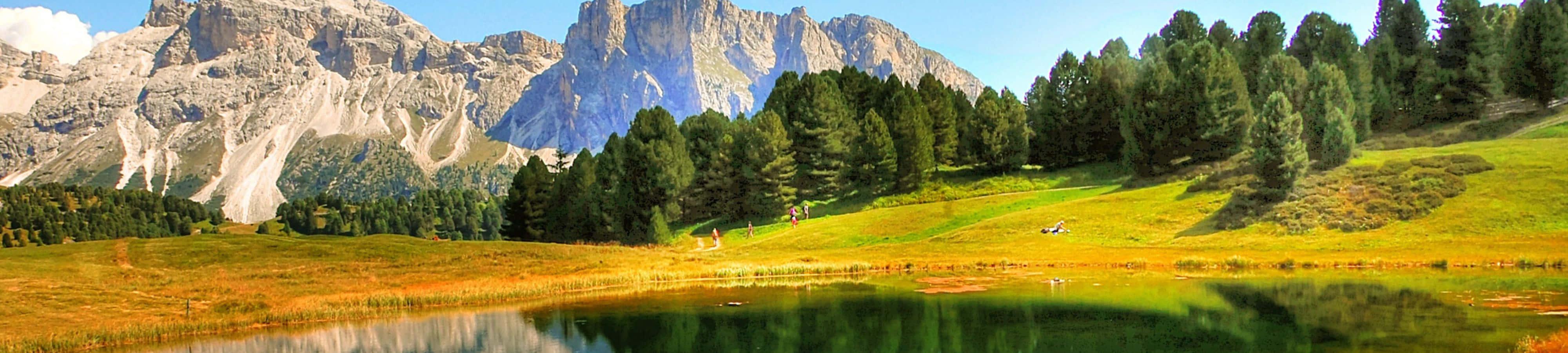 a mountain landscape with a lake and trees — 4000x900 wallpaper