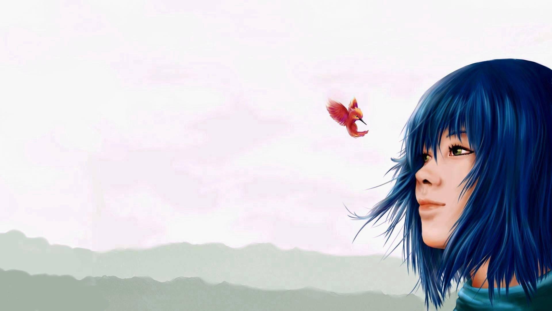 A mysterious anime girl enjoying a mesmerizing blue sunset. — 1920x1080 wallpaper