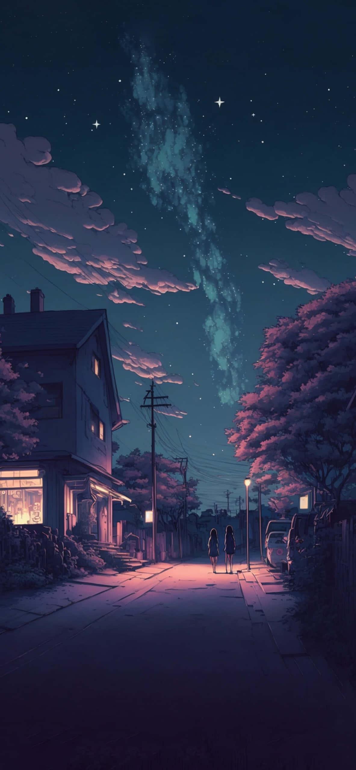 a night scene with a house and a street — 1183x2560 wallpaper