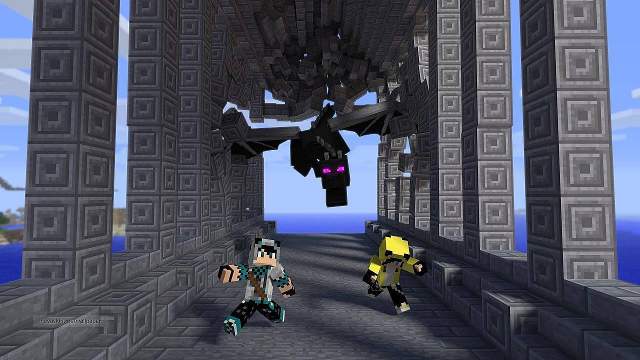 A pack of hostile mobs chase the player from a Minecraft village.