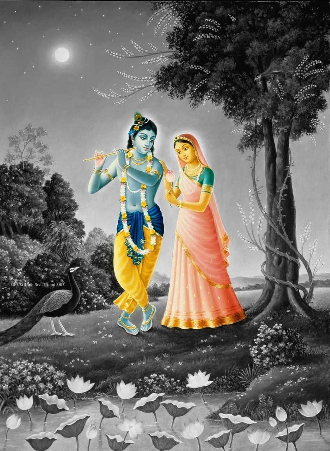 a painting of a couple in the forest