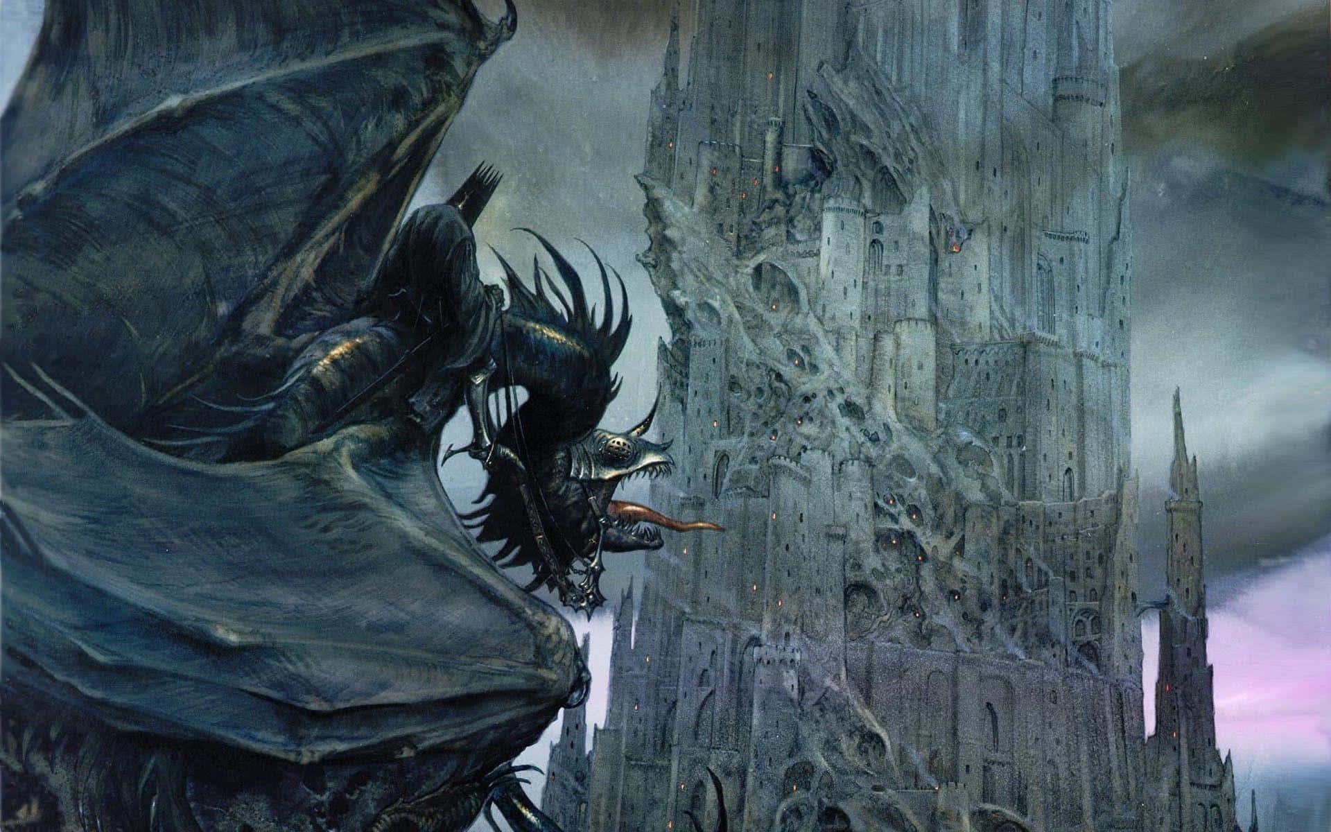 a painting of a dragon flying over a tower — 1920x1200 wallpaper