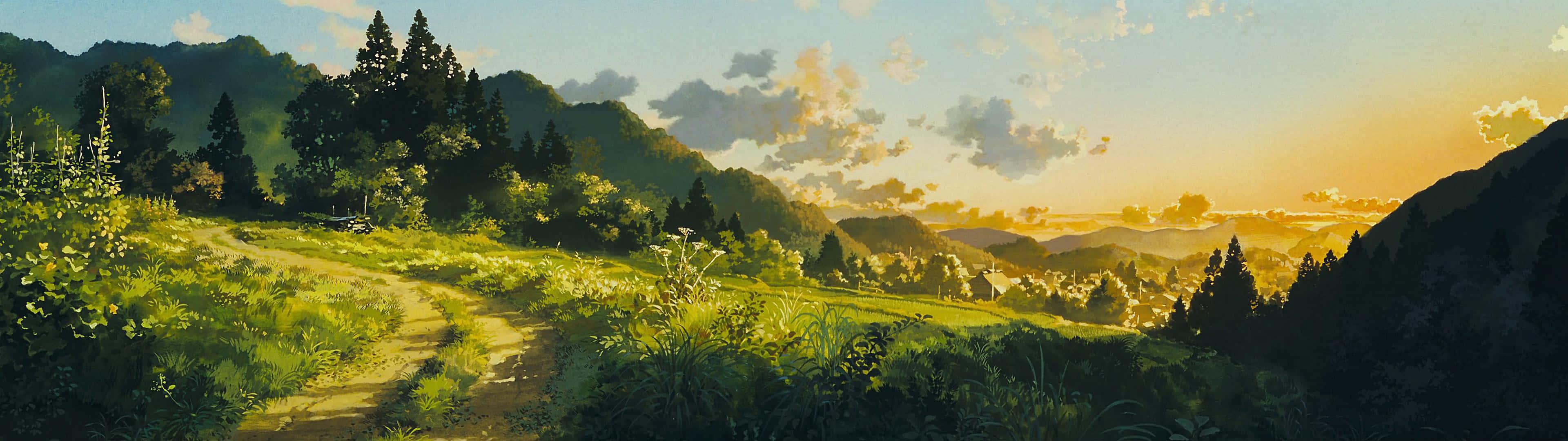 a painting of a mountain road with trees and a sunset — 3840x1080 wallpaper