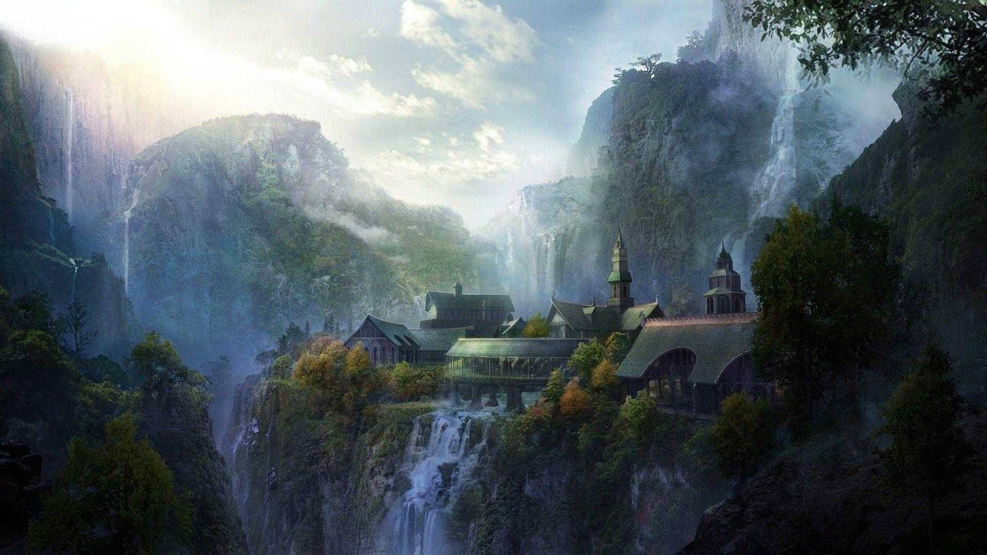 a painting of a waterfall and a castle — 1920x1080 wallpaper