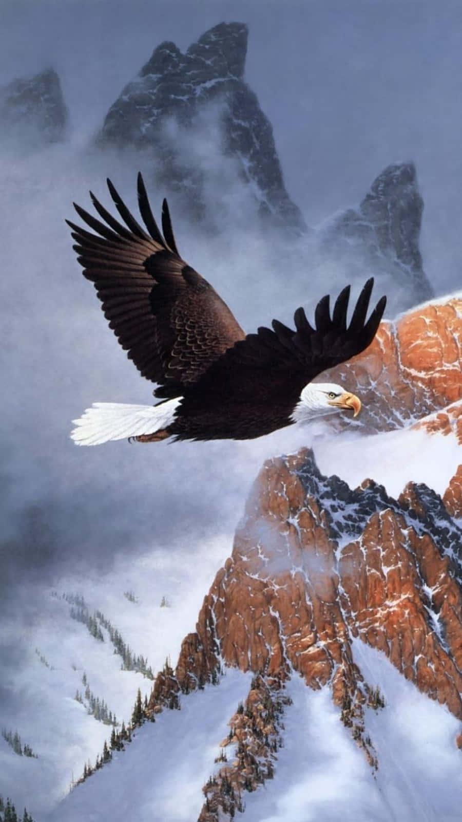 a painting of an eagle flying over a mountain — 900x1600 wallpaper