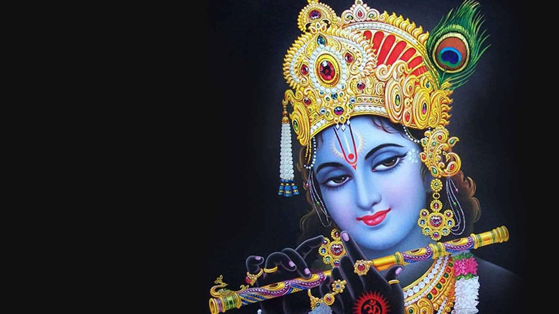 a painting of lord krishna playing flute