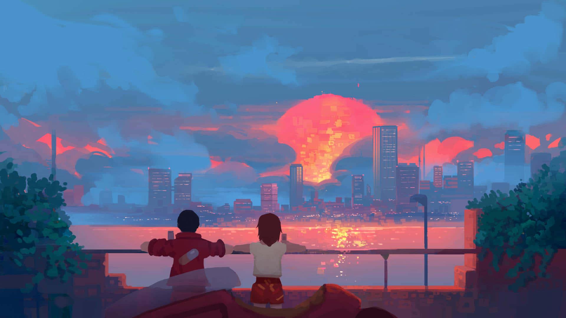 a painting of two people looking at the city — 1920x1080 wallpaper
