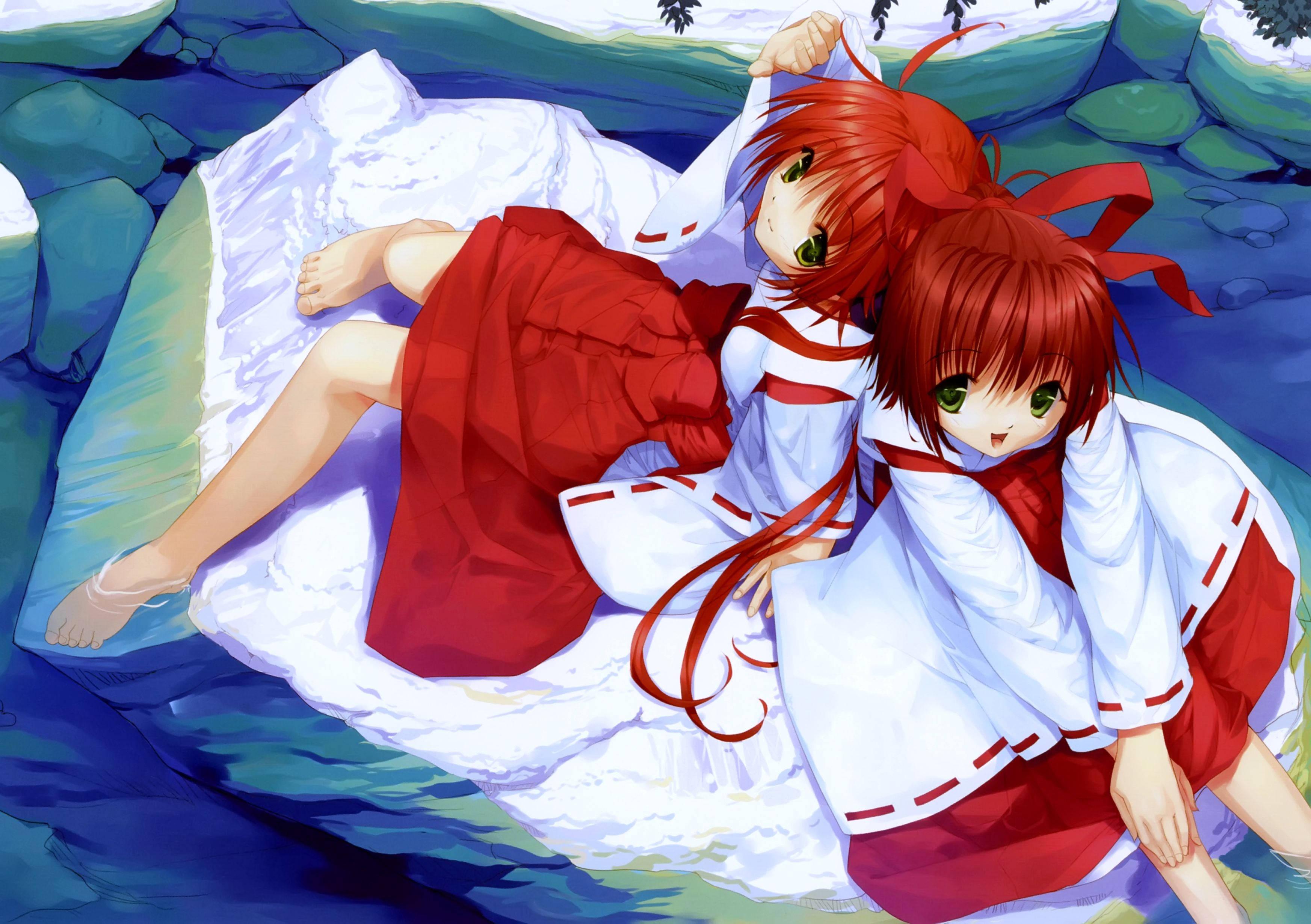 A pair of beautiful twin red-haired anime girls. — 3490x2460 wallpaper