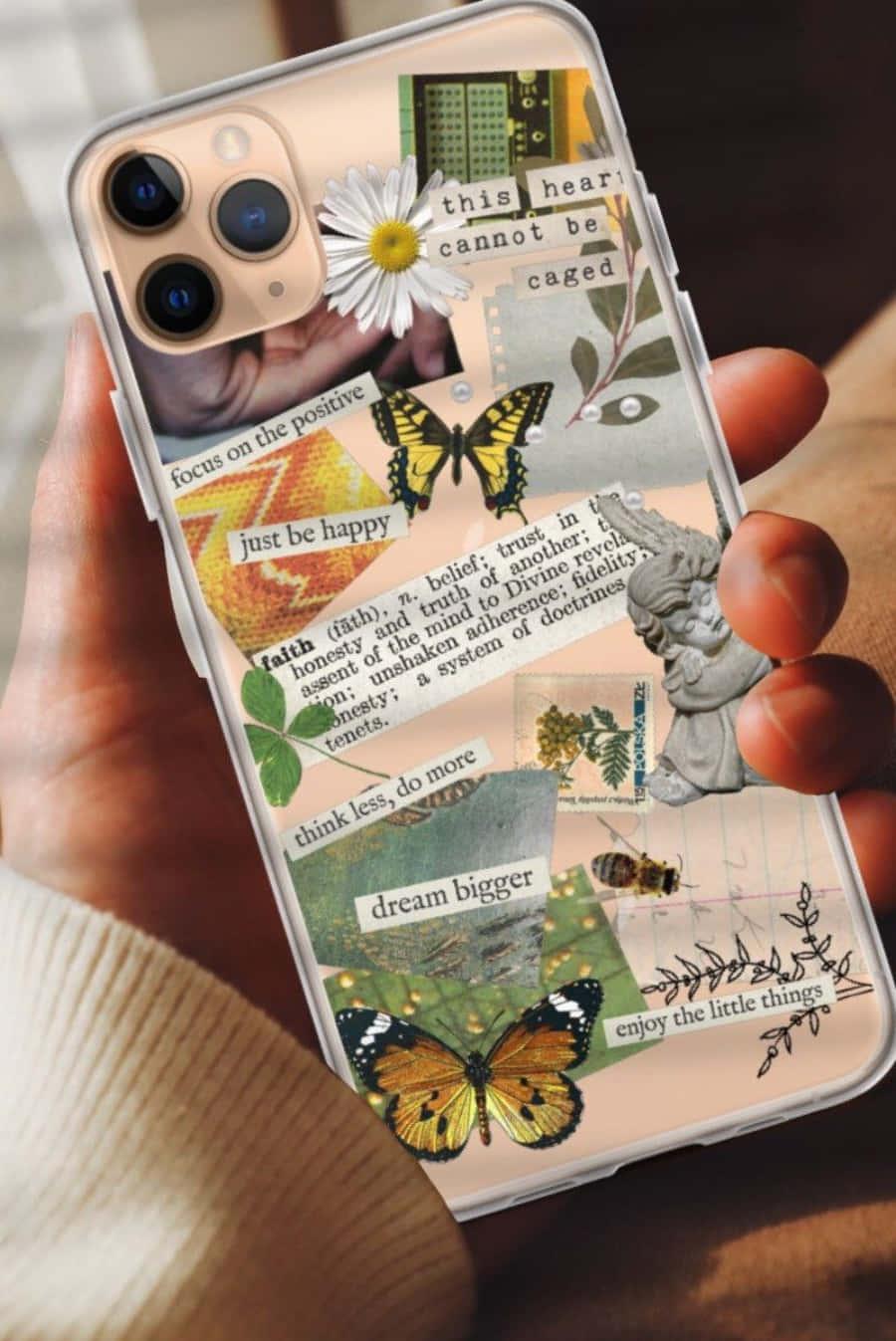 a person holding an iphone case with butterflies and flowers