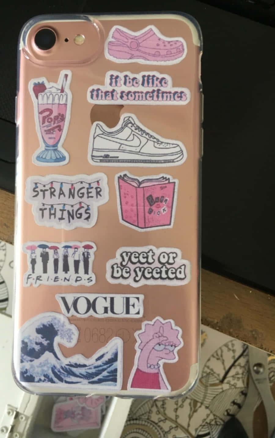 a phone case with stickers on it