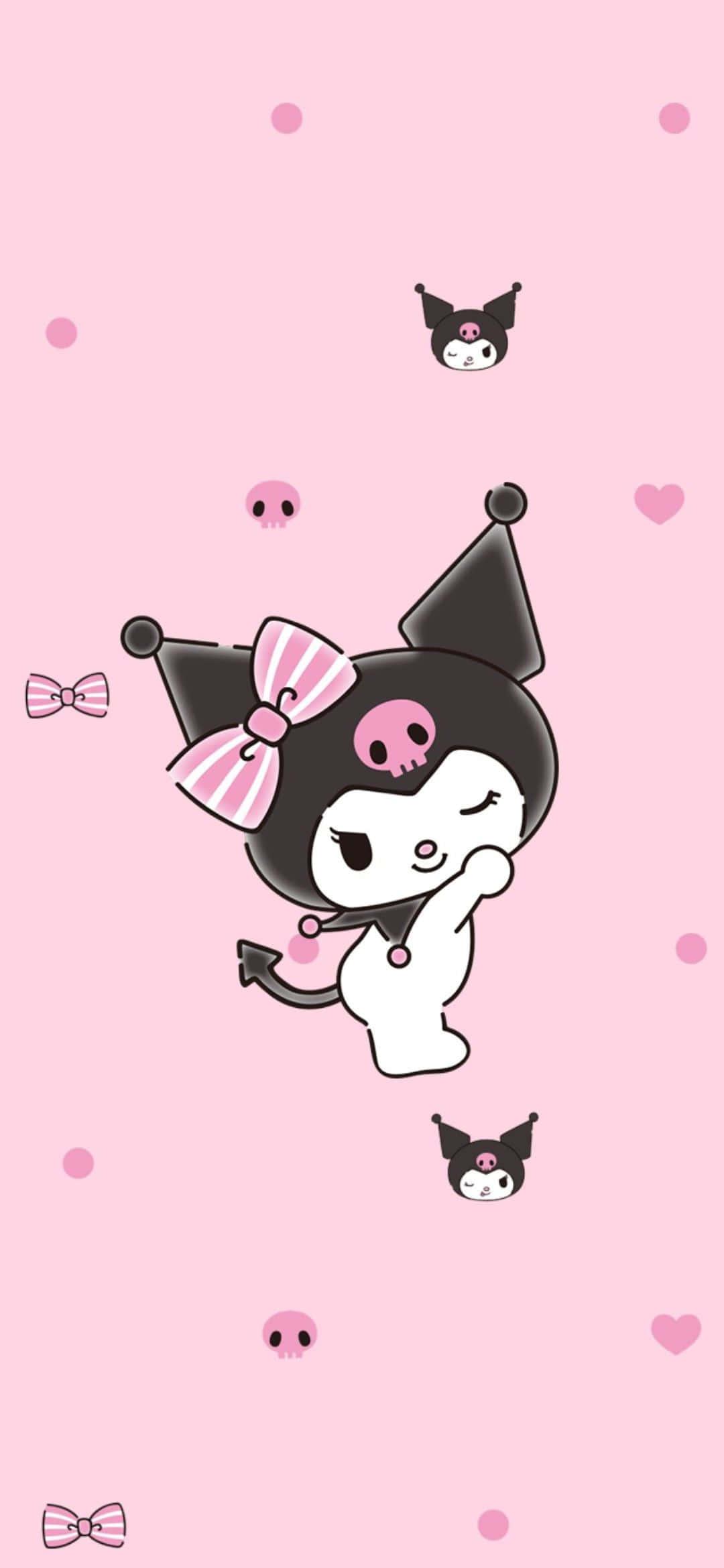 a pink background with a black cat and hearts — 1080x2340 wallpaper