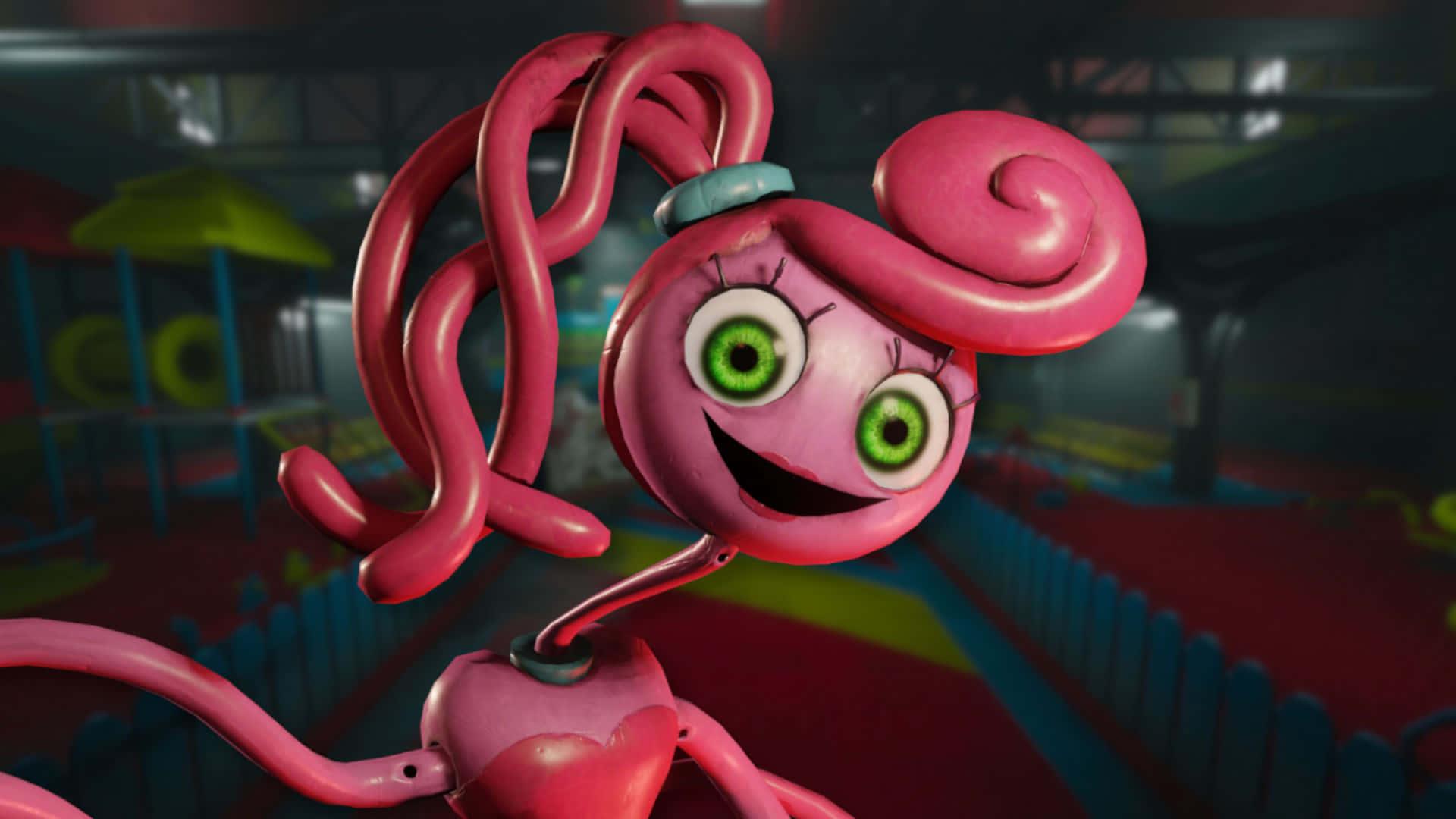 a pink robot with green eyes and long hair — 1920x1080 wallpaper