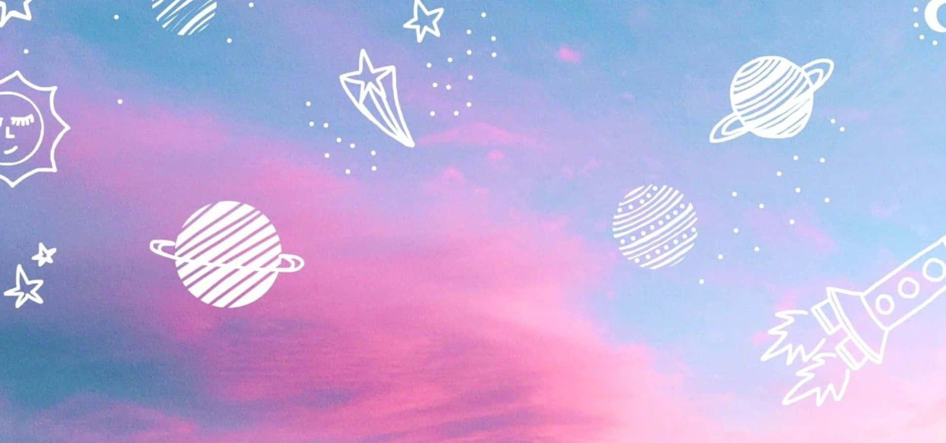 a pink sky with stars and planets drawn on it — 1920x900 wallpaper