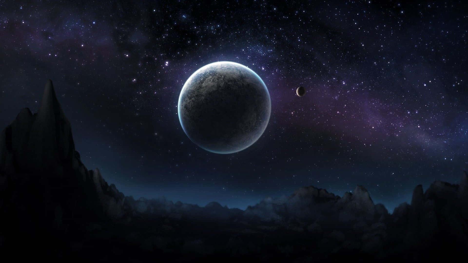 a planet in space with stars and mountains — 1920x1080 wallpaper
