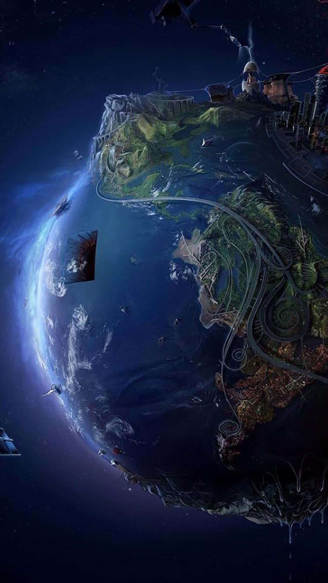 a planet with a spaceship in the middle — 1080x1920 wallpaper