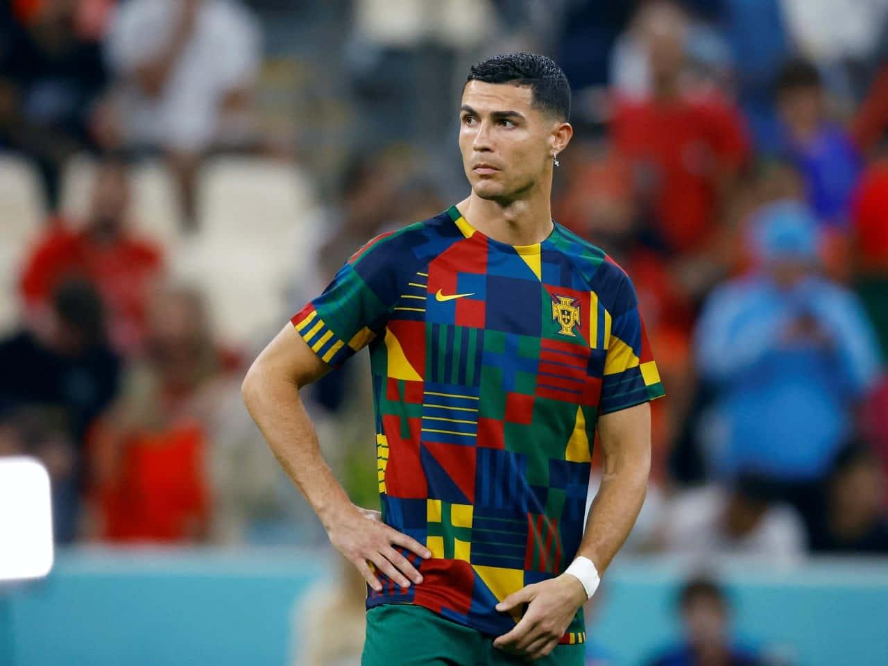 A portrait of football superstar Cristiano Ronaldo poised to make his mark.