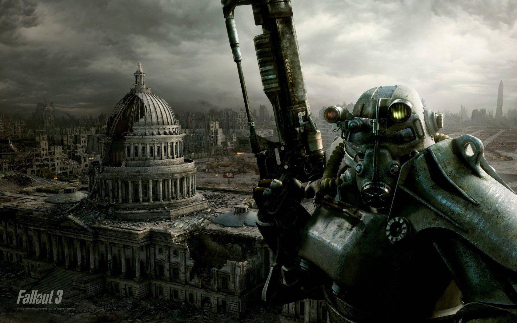 A Power Armored Ranger from Fallout 3 Set Against a Dramatic Wasteland Backdrop — 1680x1050 wallpaper