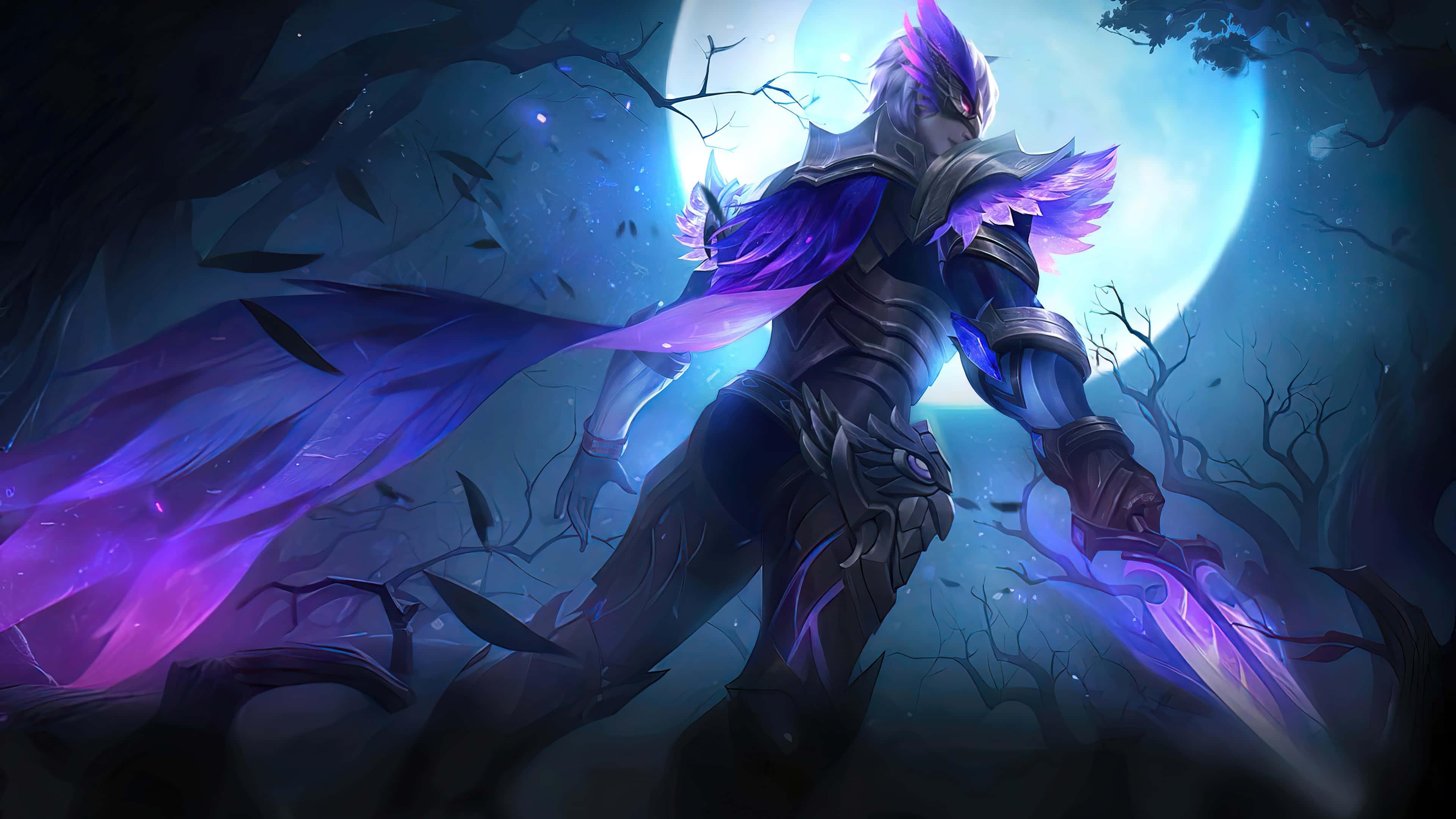 a purple and blue character in a forest — 3840x2160 wallpaper