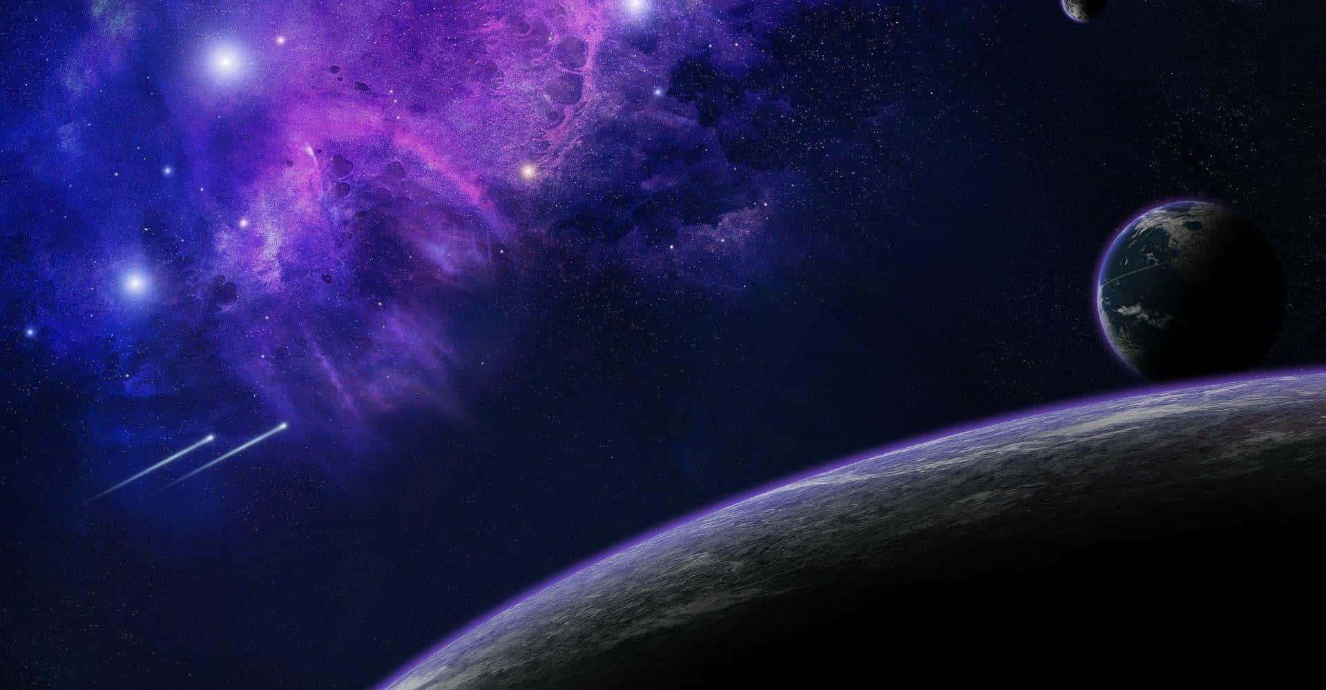 a purple and purple space with planets and stars — 1920x1000 wallpaper