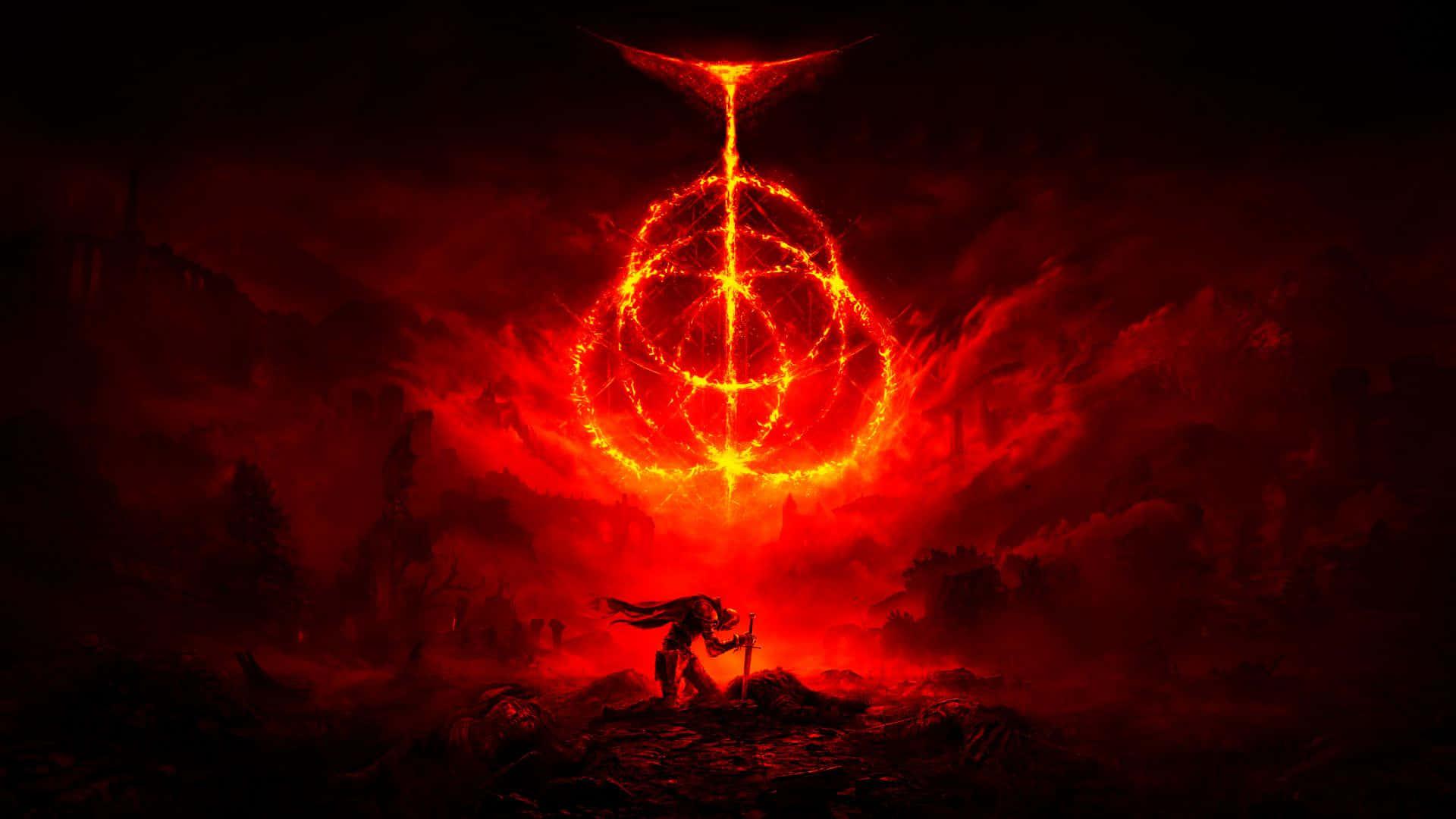 a red and black image of a demon standing on a mountain — 1920x1080 wallpaper