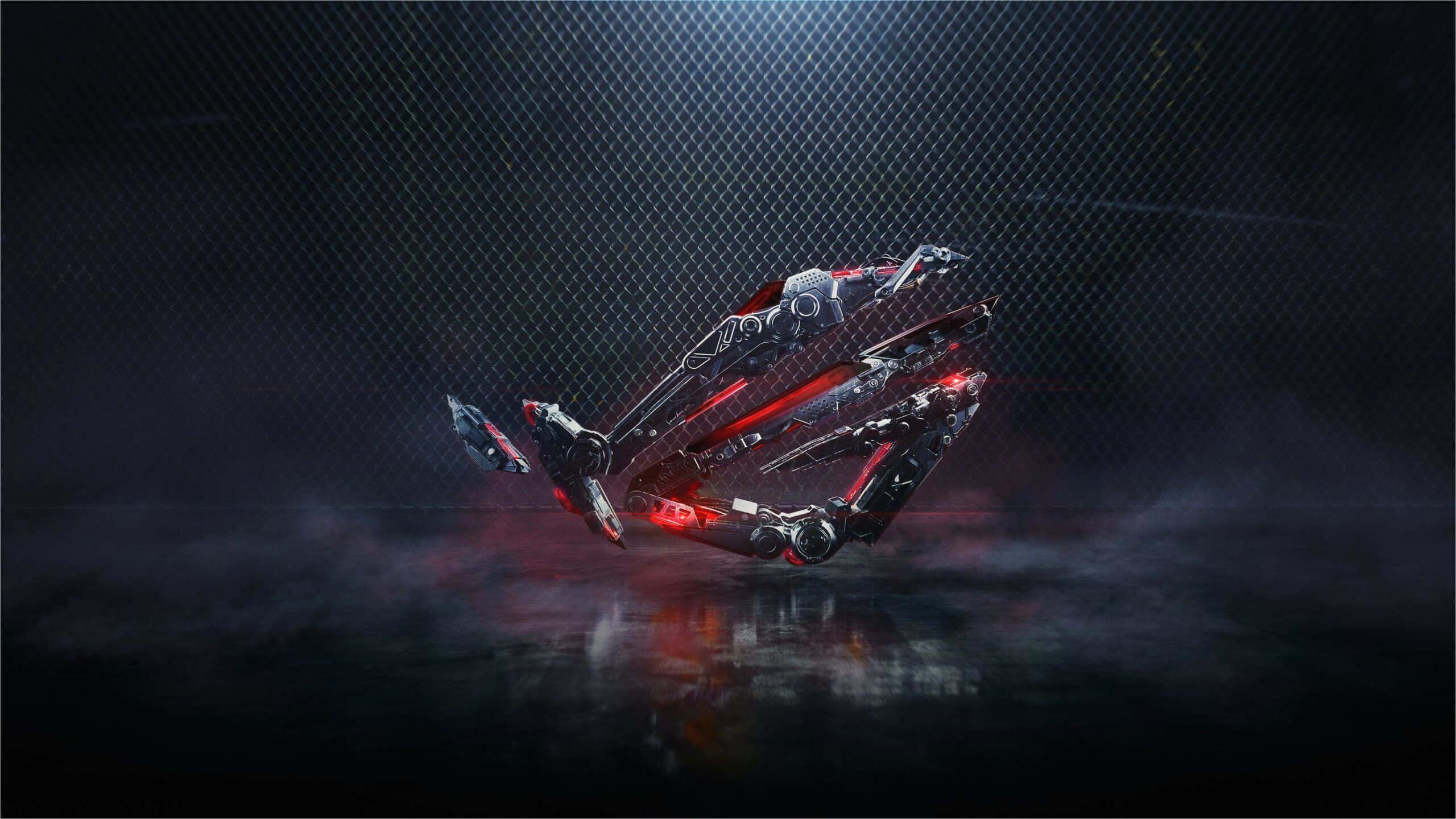 a red and black robot with a red light on it — 2560x1441 wallpaper