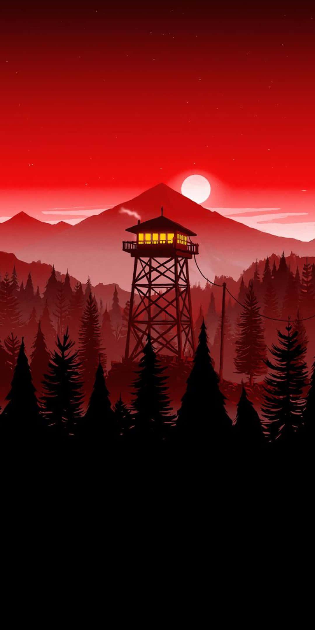 a red tower with trees in the background
